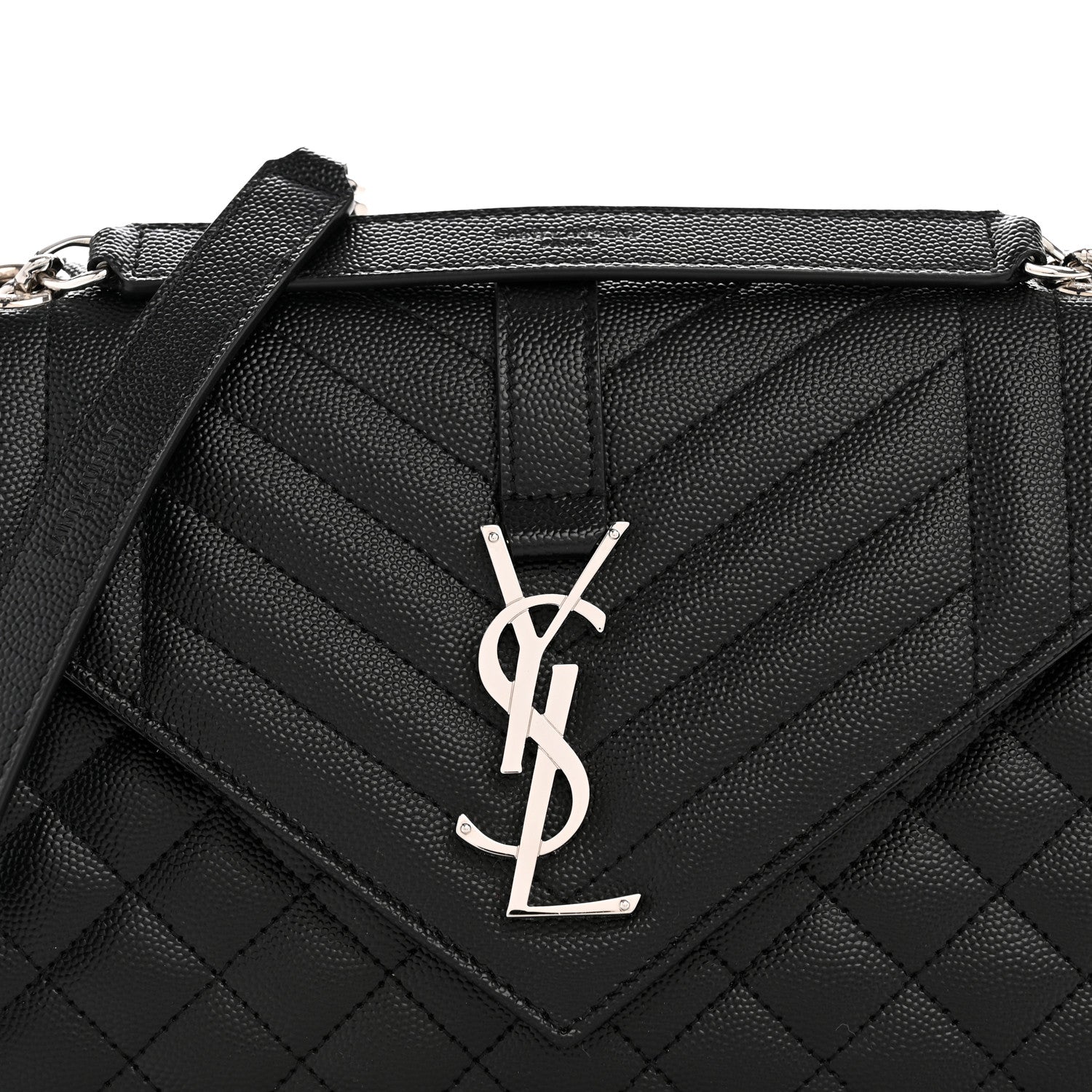 Black quilted satchel with YSL logo plaque and diagonal stitch detailing