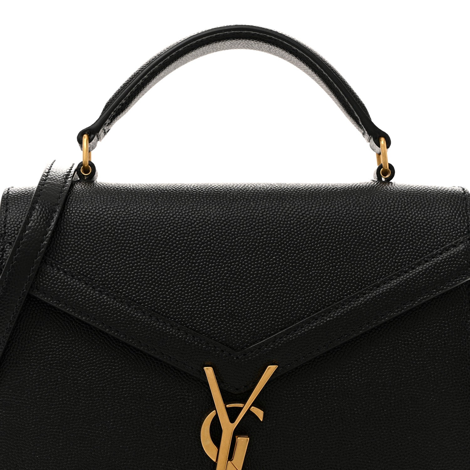 Black leather top handle bag with gold ring hardware and V-shaped flap detail.