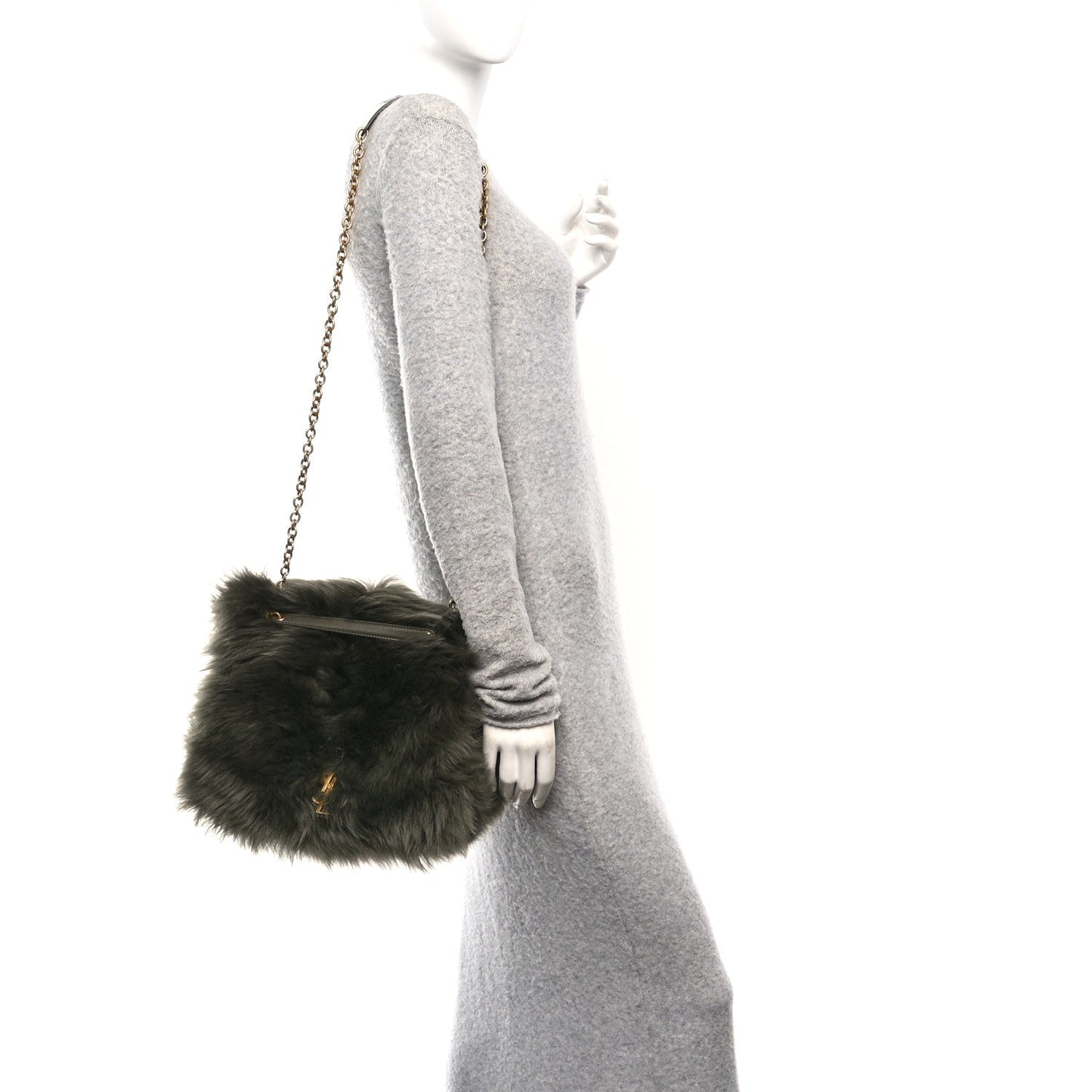 Shearling shoulder bag in dark olive with chain strap and black leather trim