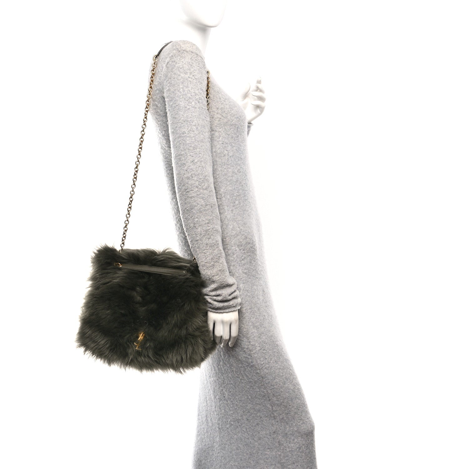 Shearling shoulder bag in dark olive with chain strap and black leather trim