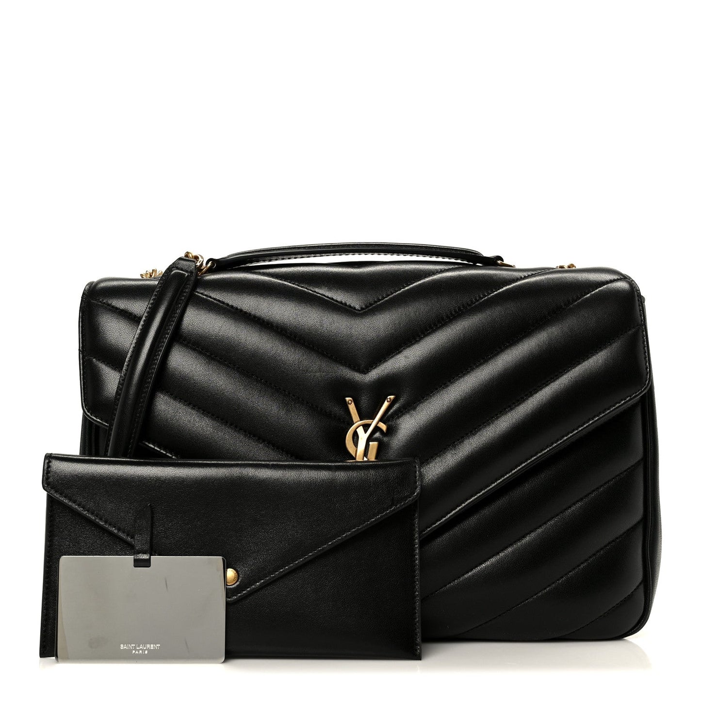 Black quilted shoulder bag with YSL emblem, front flap and pouch