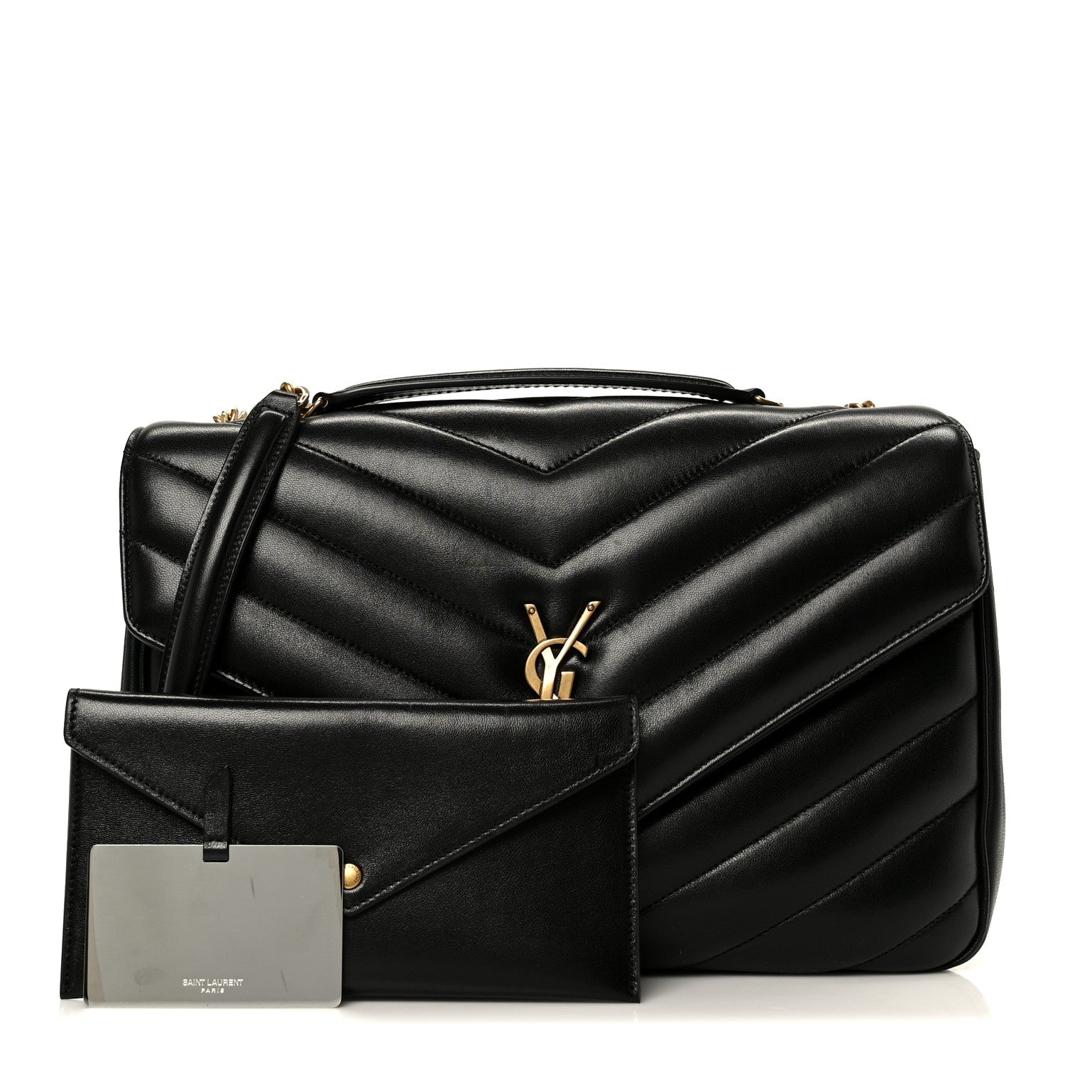 Black quilted shoulder bag with YSL emblem, front flap and pouch