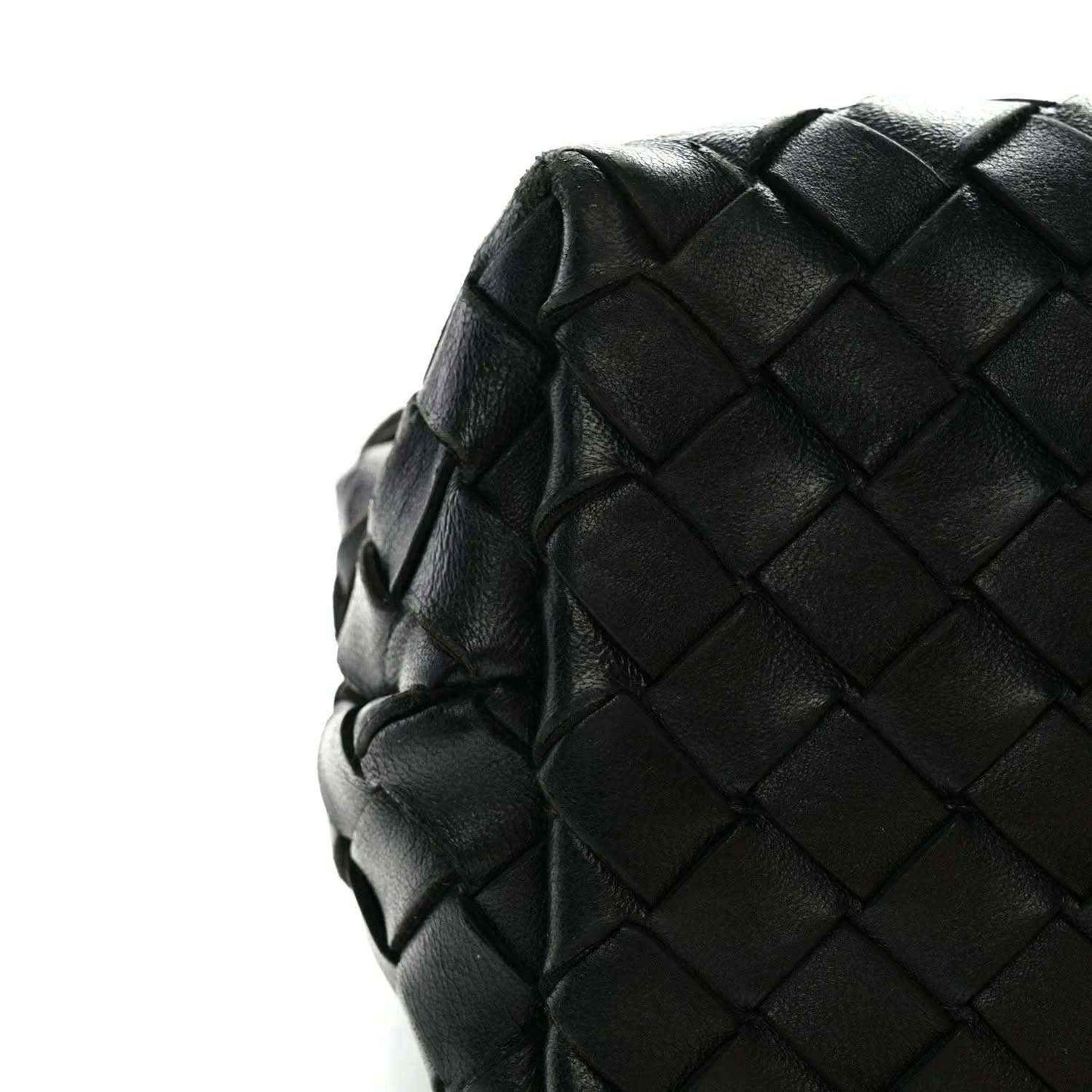 Black leather shoulder bag with intrecciato nappa weave and rounded side