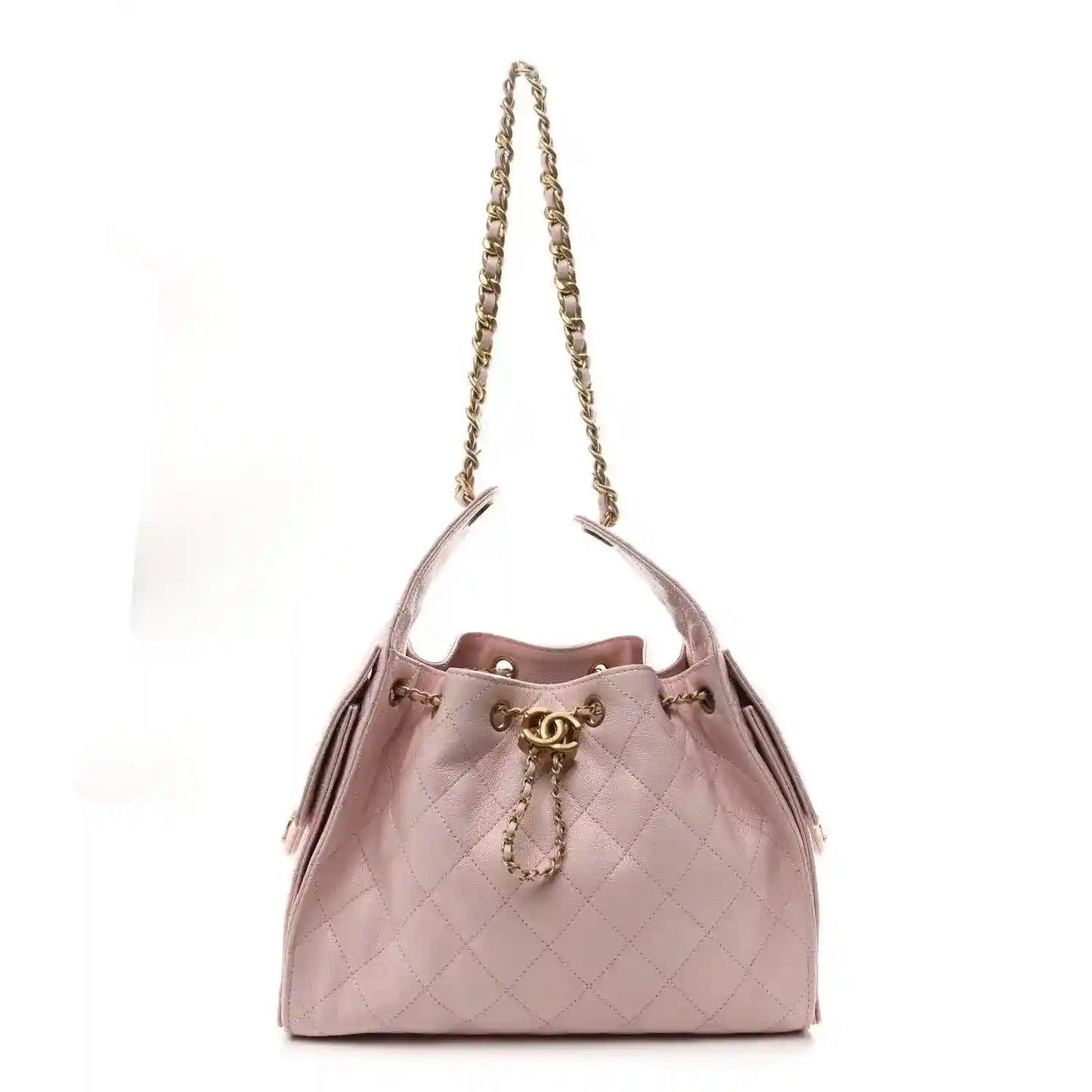 Chanel light pink quilted caviar small shoulder handbag with gold chain handles