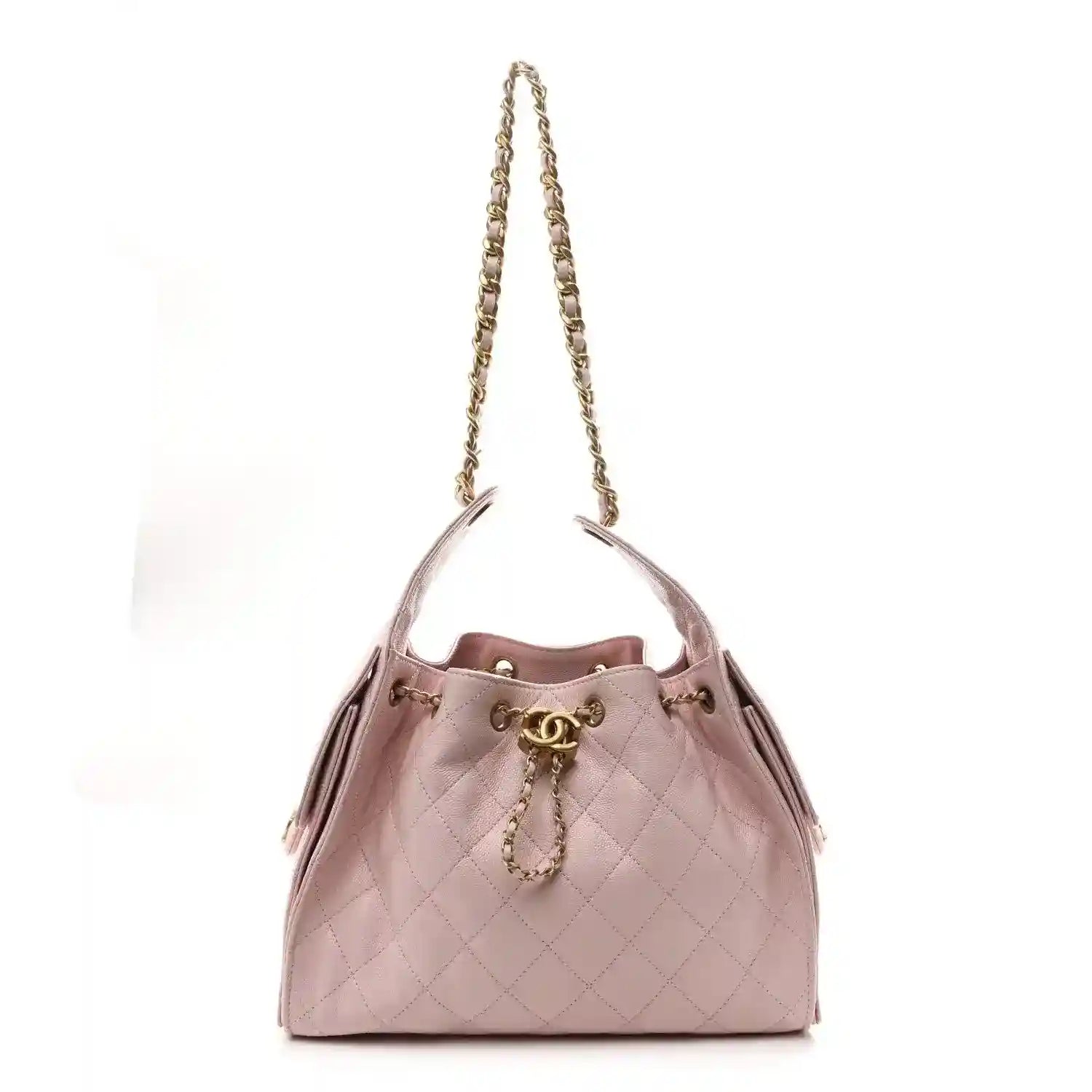Chanel light pink quilted caviar small shoulder handbag with gold chain handles