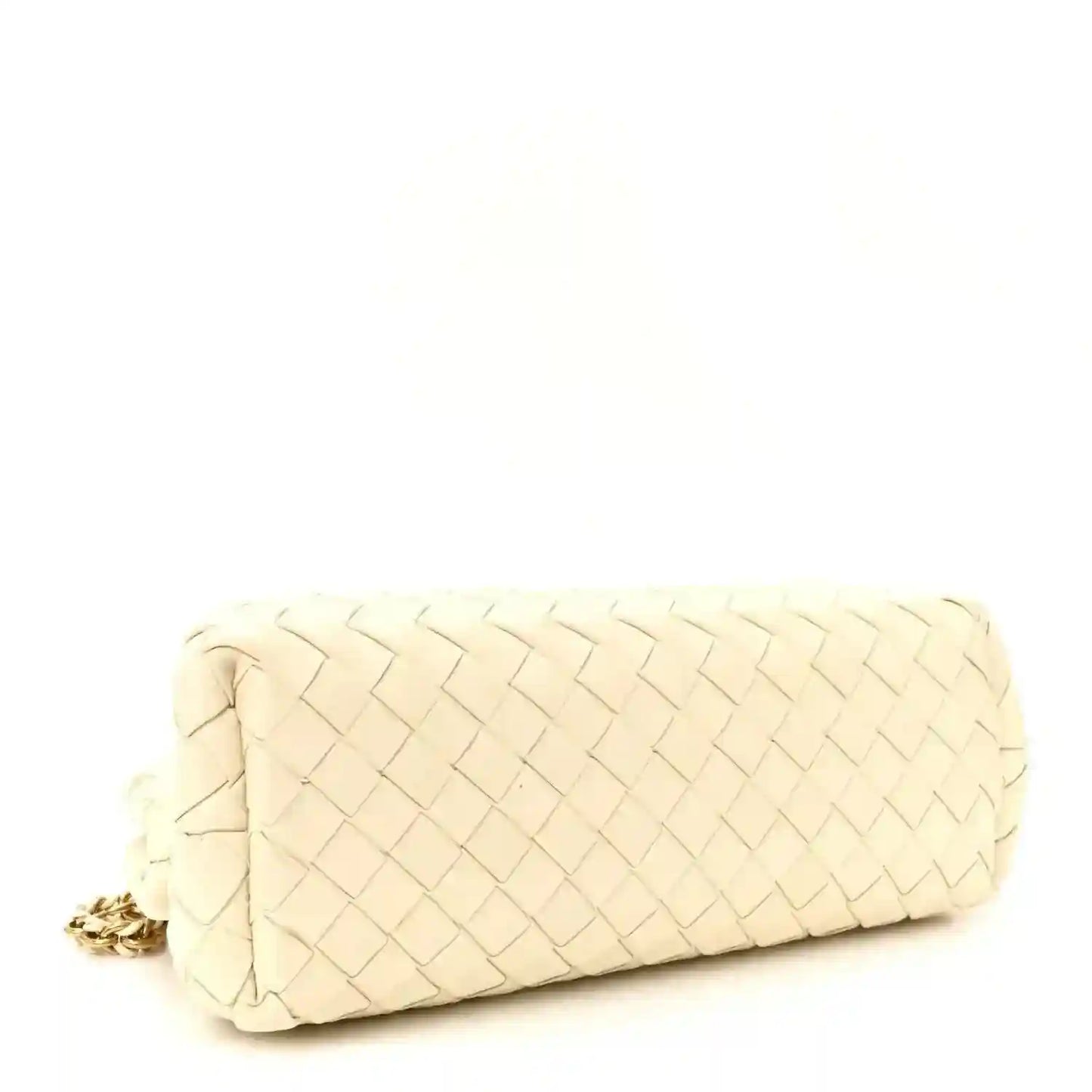 White leather intrecciato clutch with gold-tone chain, rear view