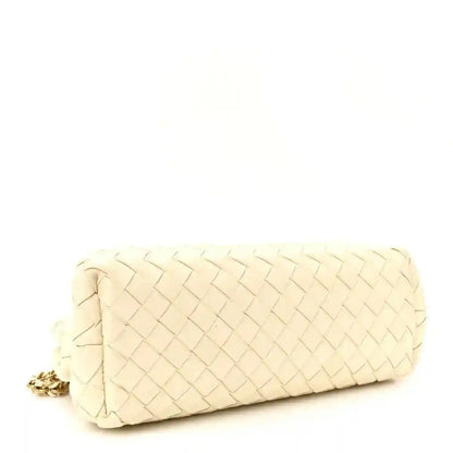 White leather intrecciato clutch with gold-tone chain, rear view