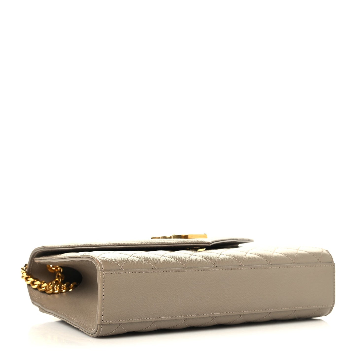 Dusty grey satchel base view with gold chain hardware at side