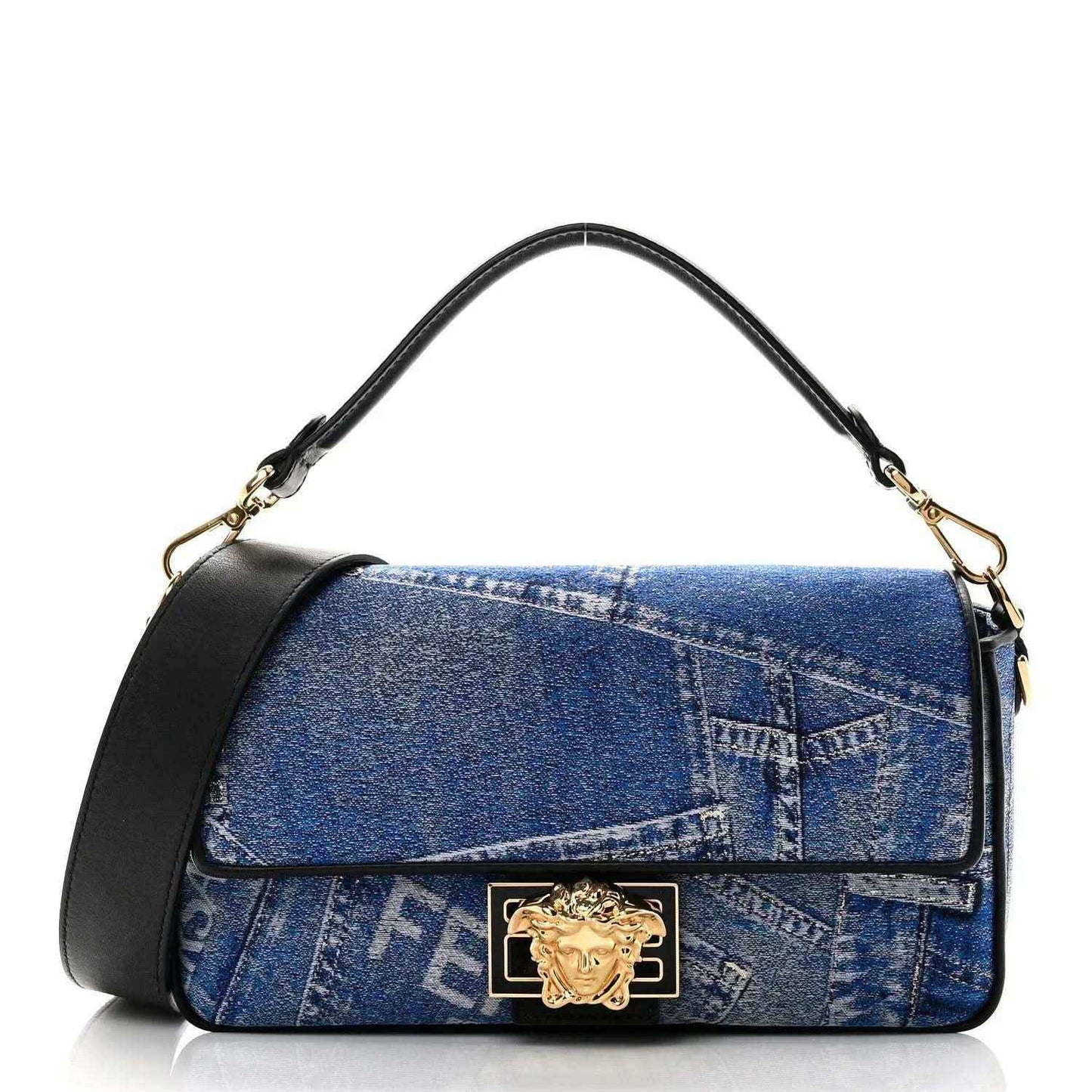 Blue denim patchwork baguette bag with black trim, gold chain strap, front flap clasp
