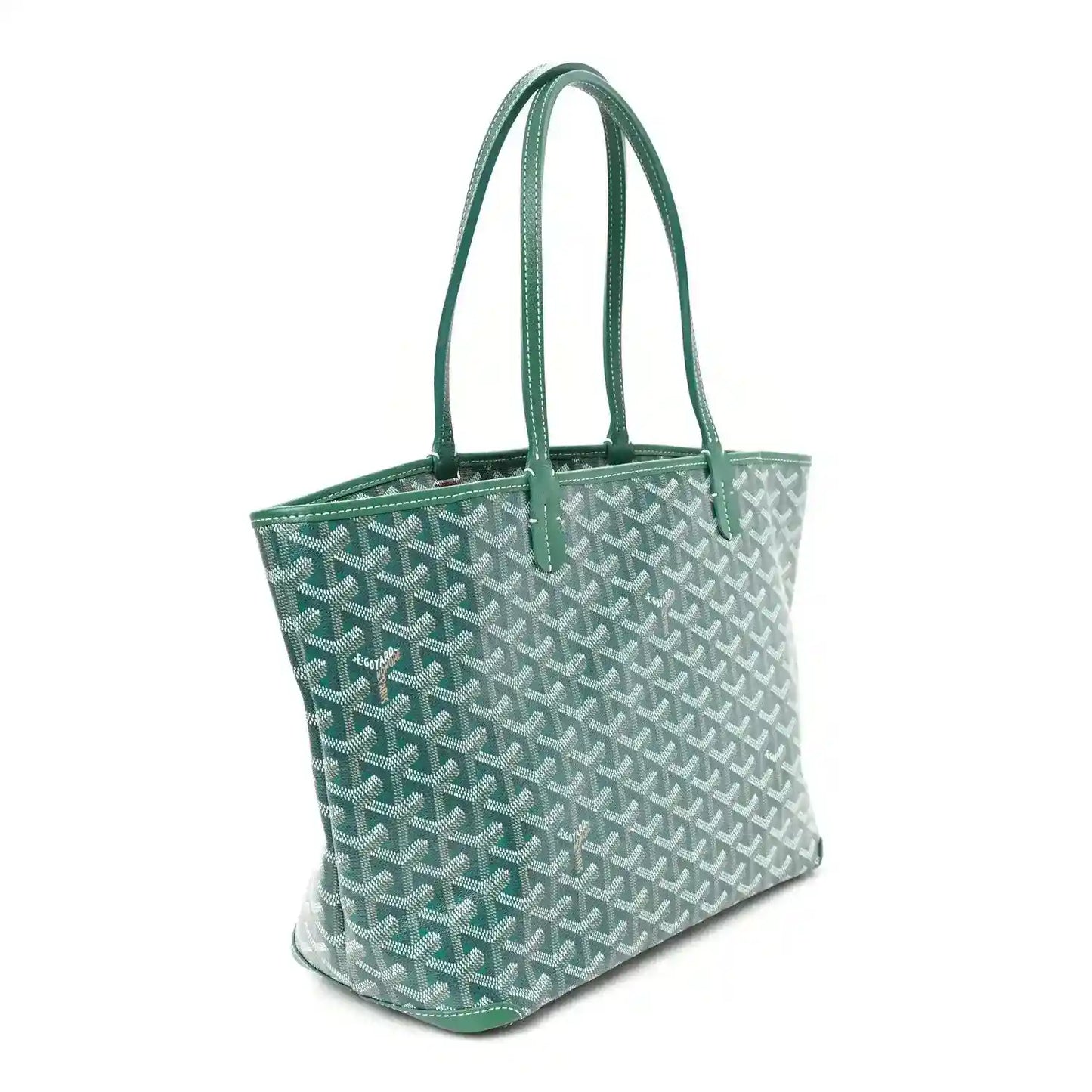 Green Goyardine Artois PM tote bag, angled front view with patterned fabric and trim