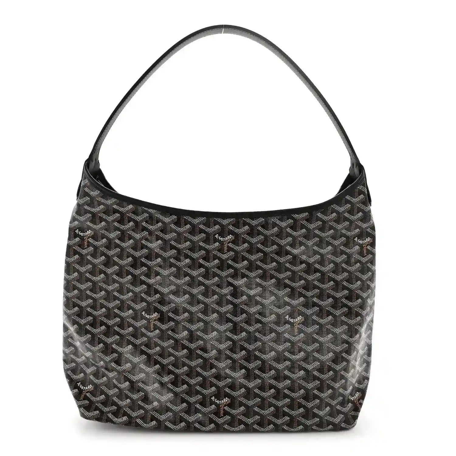 Goyard hobo bag in black coated canvas with repeating Goyardine pattern and leather trim