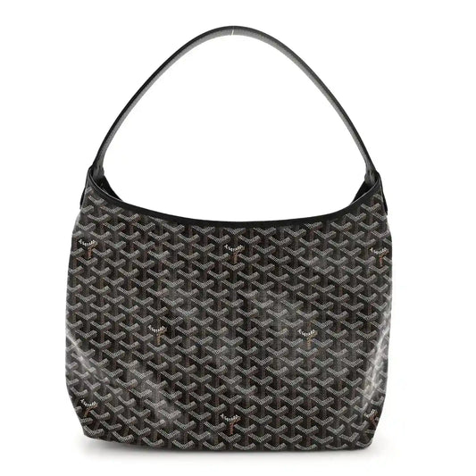 Goyard hobo bag in black coated canvas with repeating Goyardine pattern and leather trim