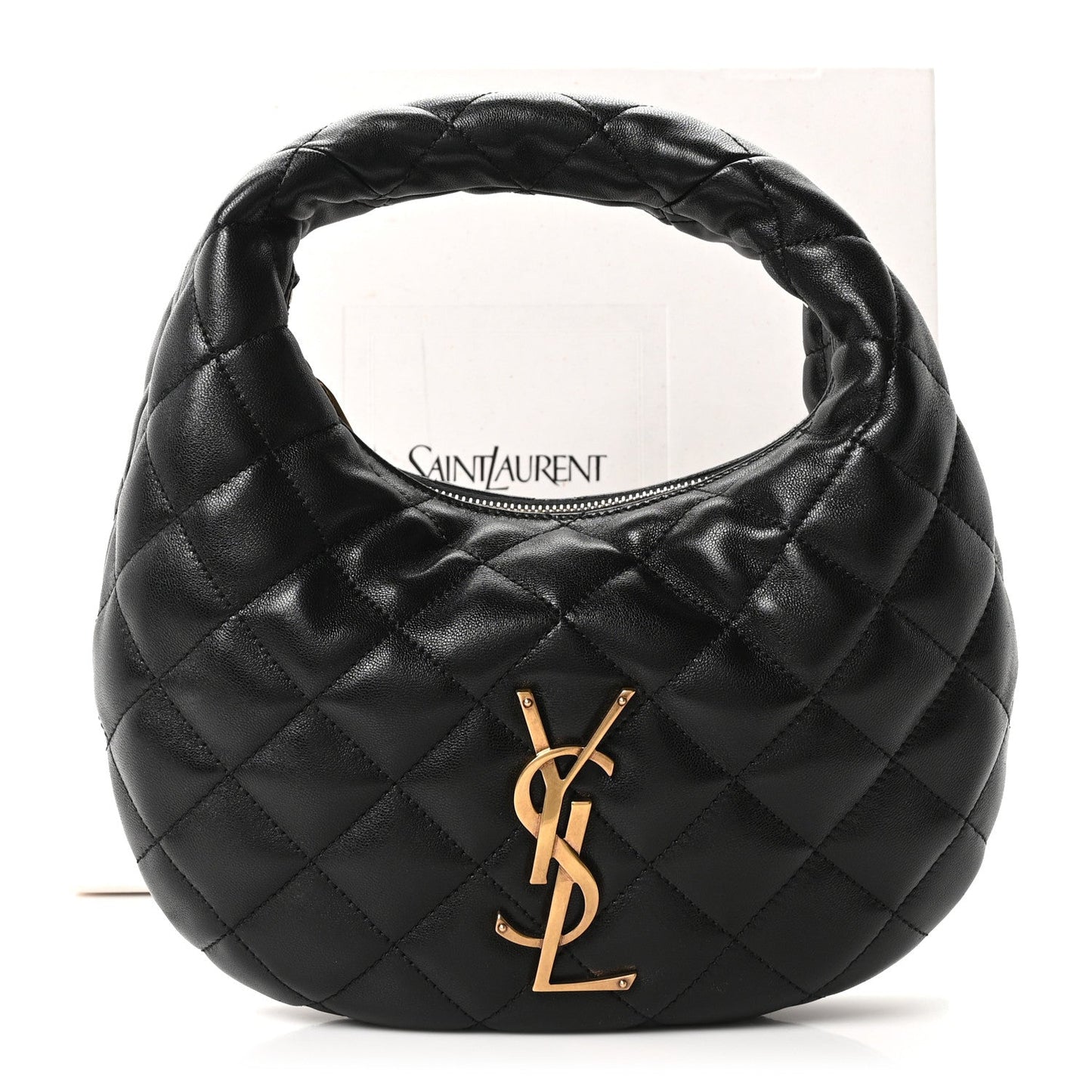 Black quilted leather hobo bag with top handle and gold YSL monogram