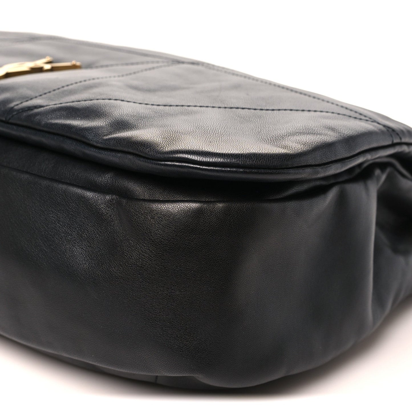 Black lambskin shoulder bag side with smooth panel and subtle quilting seams