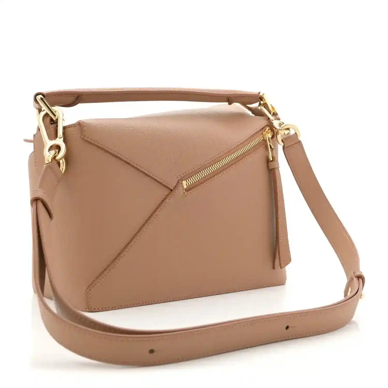 Toffee leather Puzzle Edge small bag with gold-tone zipper and shoulder strap
