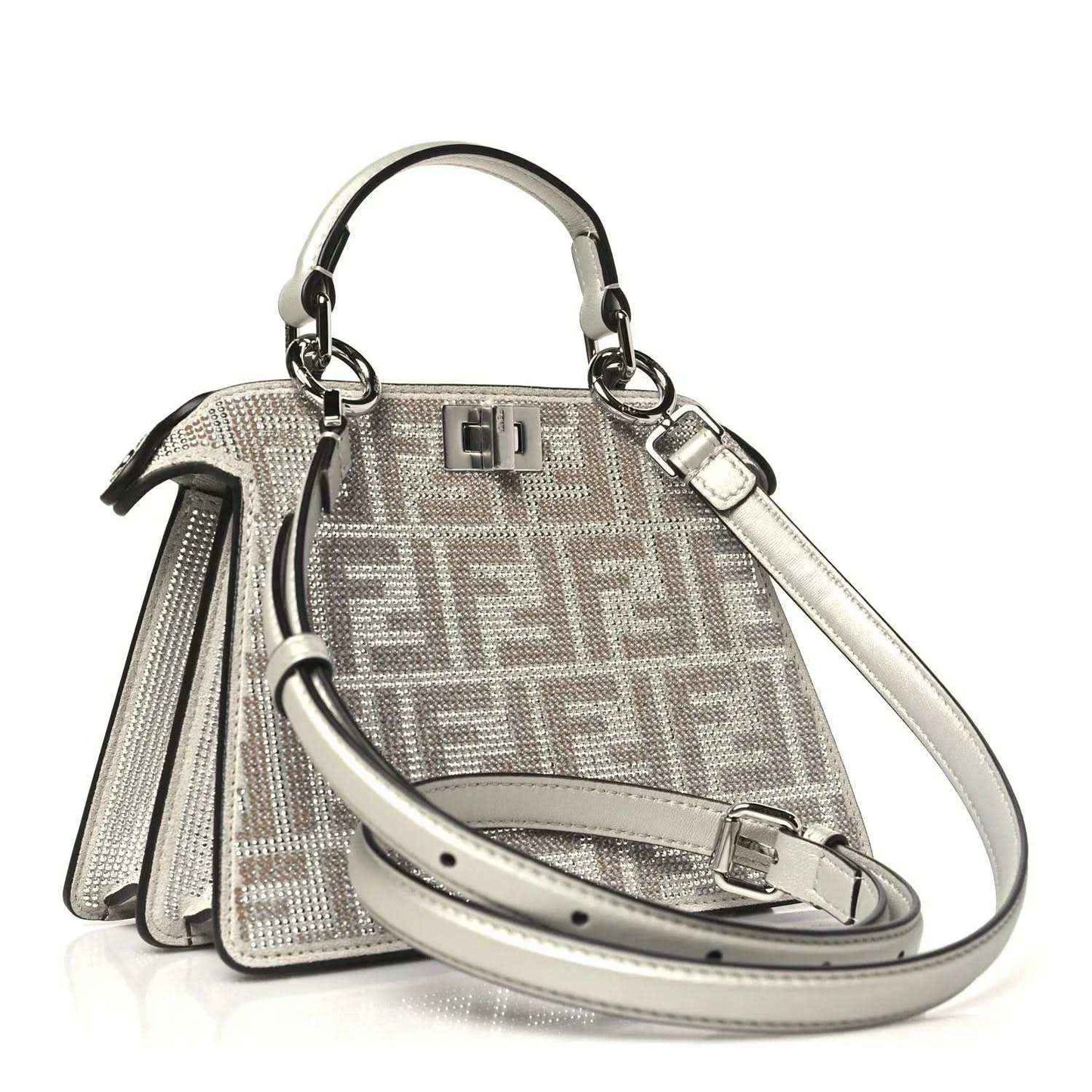 Small crystal satchel with top handle, crossbody strap, and front FF logo panel