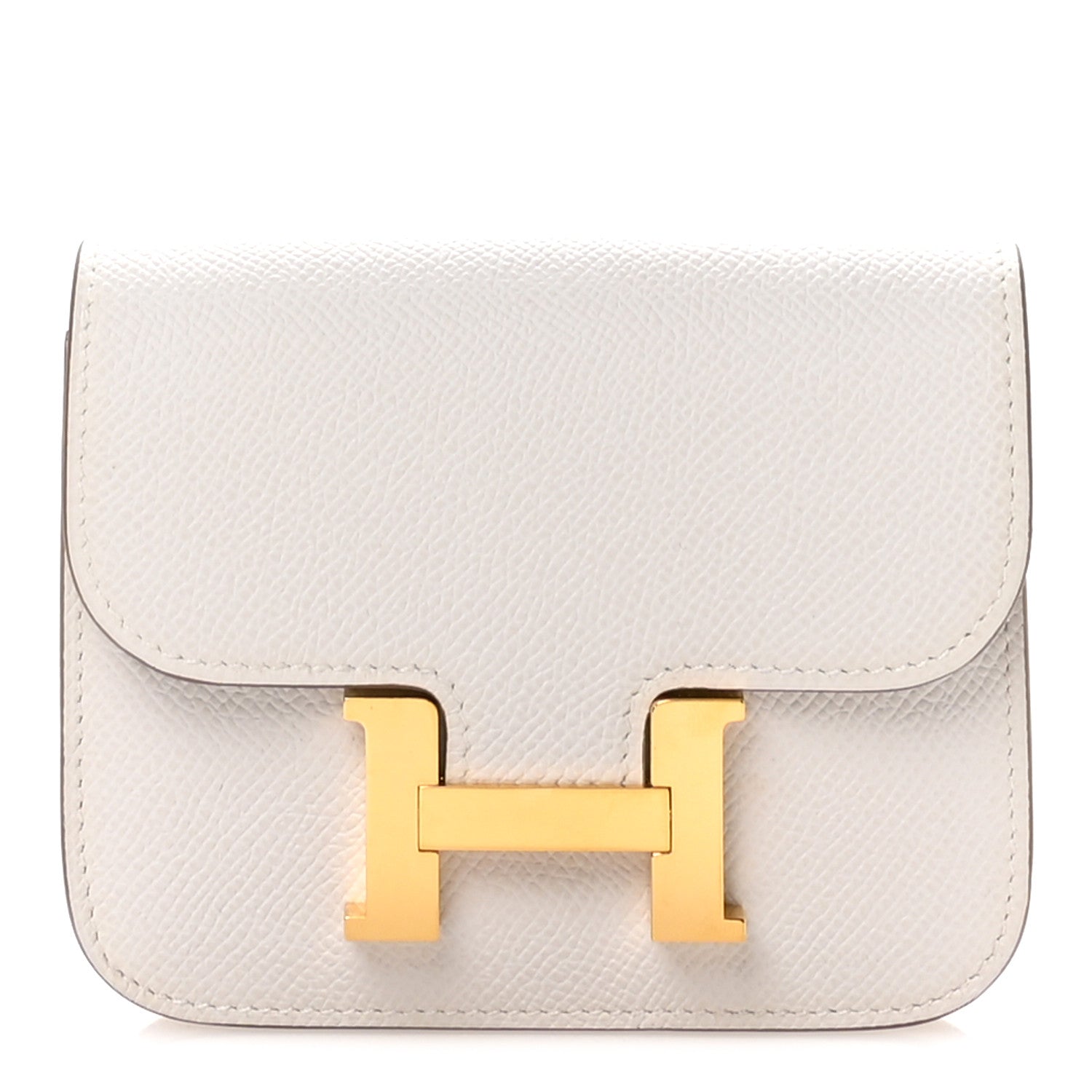 Pale gray slim leather wallet with flap and gold H clasp closure.