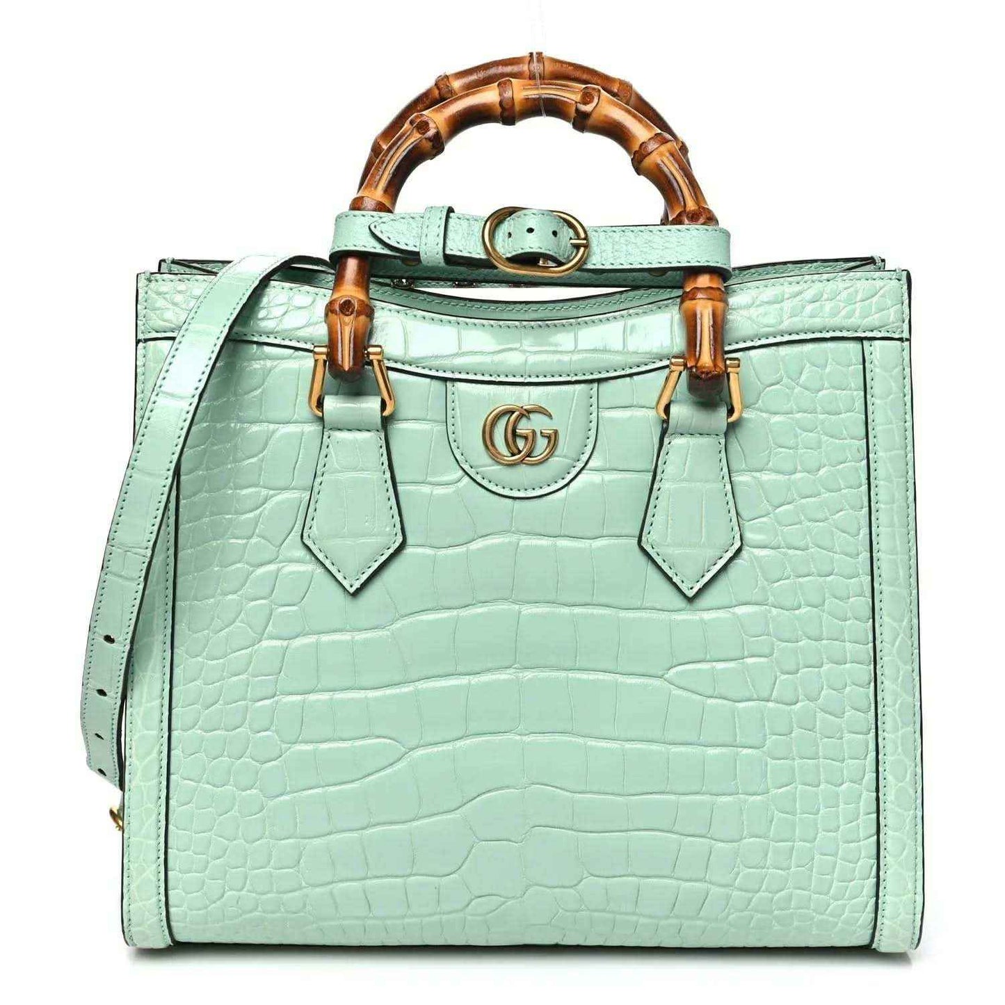 Green alligator-pattern small tote bag with bamboo-style handles and gold-tone GG clasp