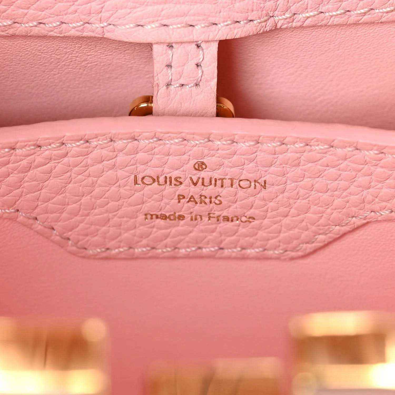 Pink leather Capucines BB bag interior stamp: Louis Vuitton Paris, made in France