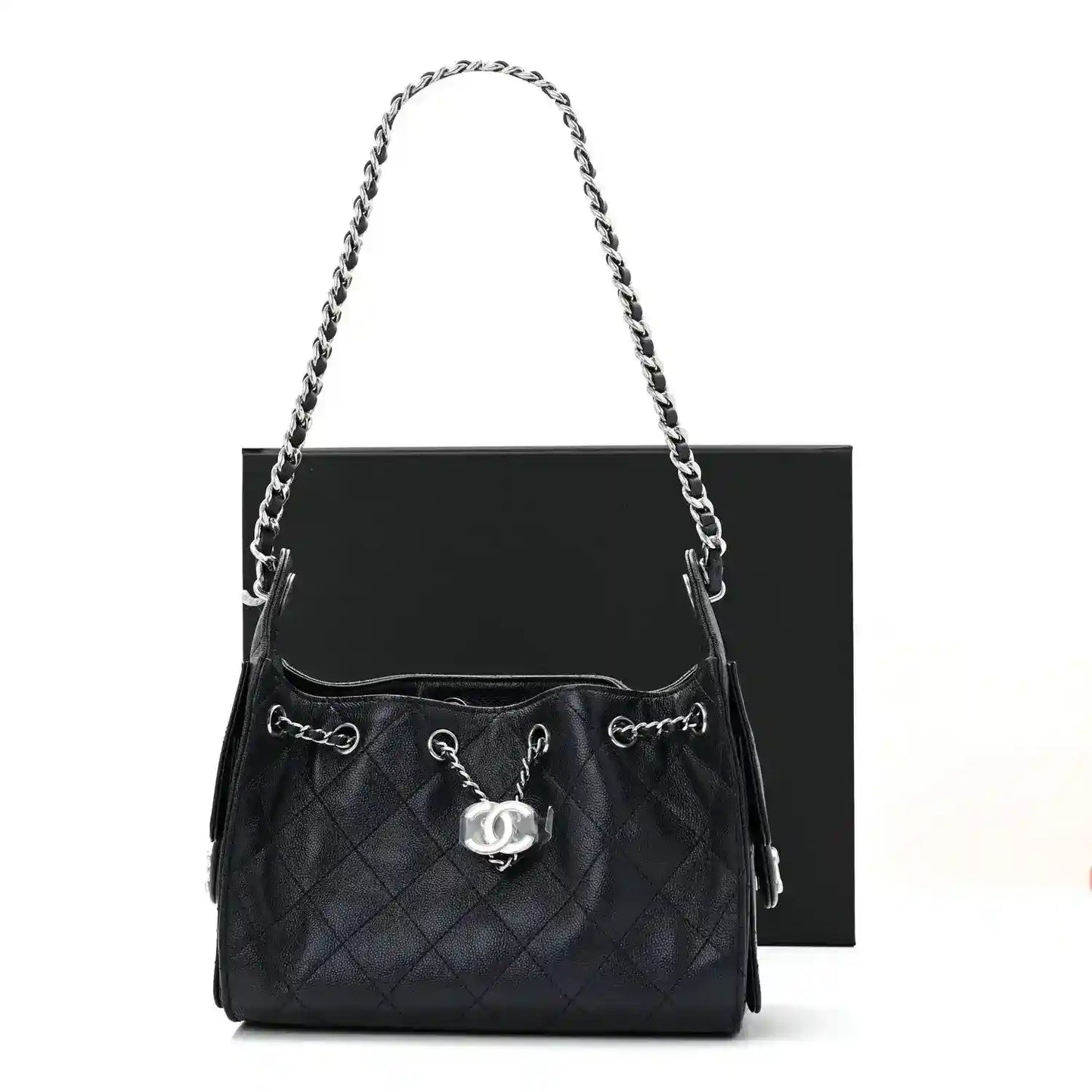 Quilted mini handbag with chain strap, front CC charm, and top handles