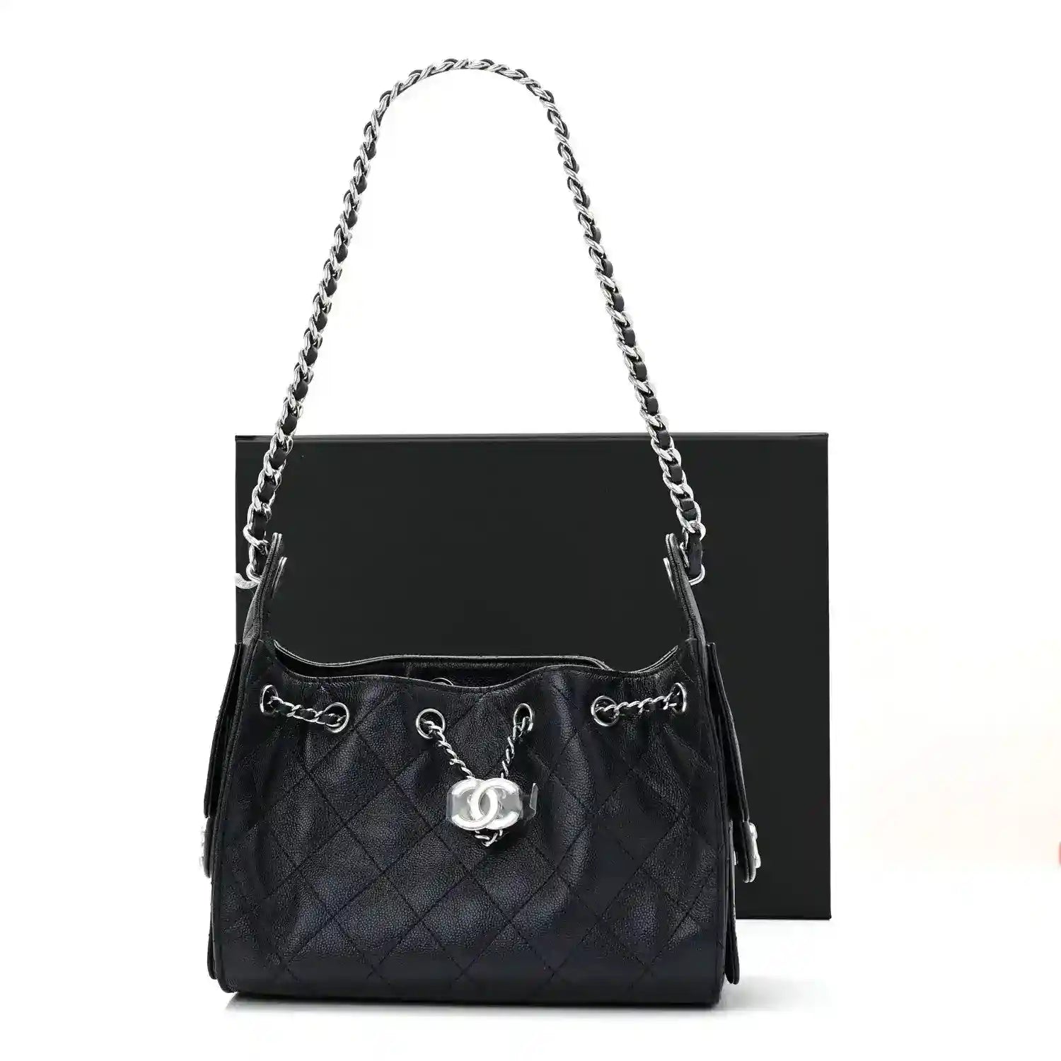 Quilted mini handbag with chain strap, front CC charm, and top handles