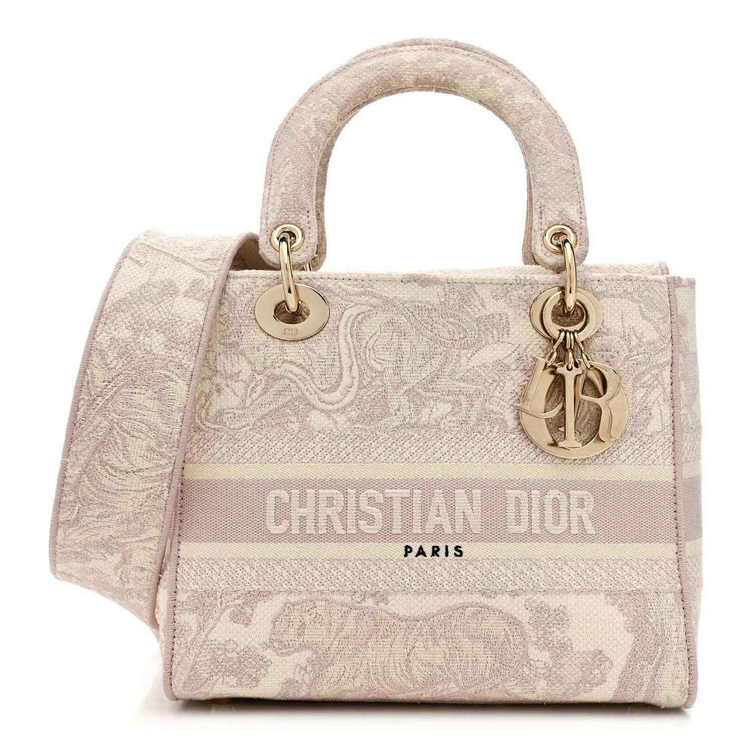 Medium rose-pink embroidered handbag with two top handles and gold-tone hardware