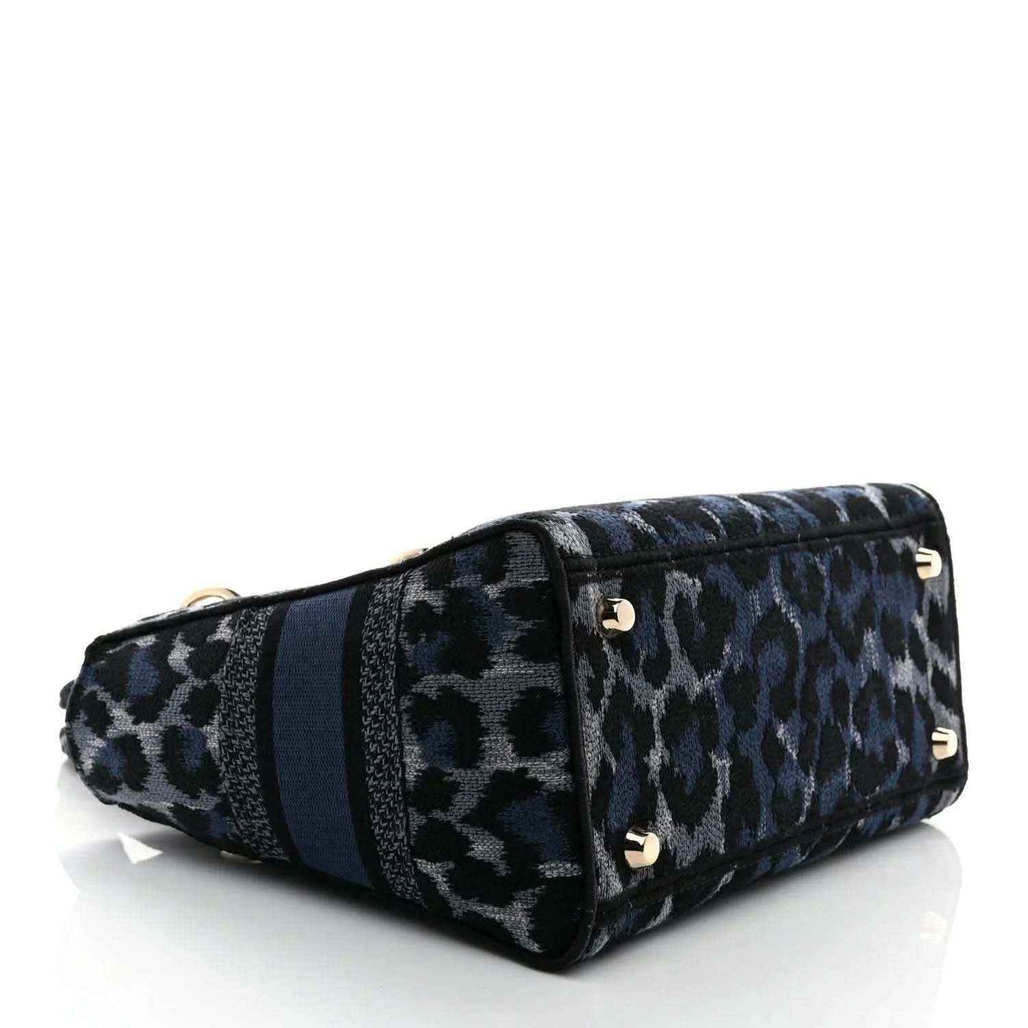Christian Dior canvas handbag with leopard pattern and top zip, shown from end