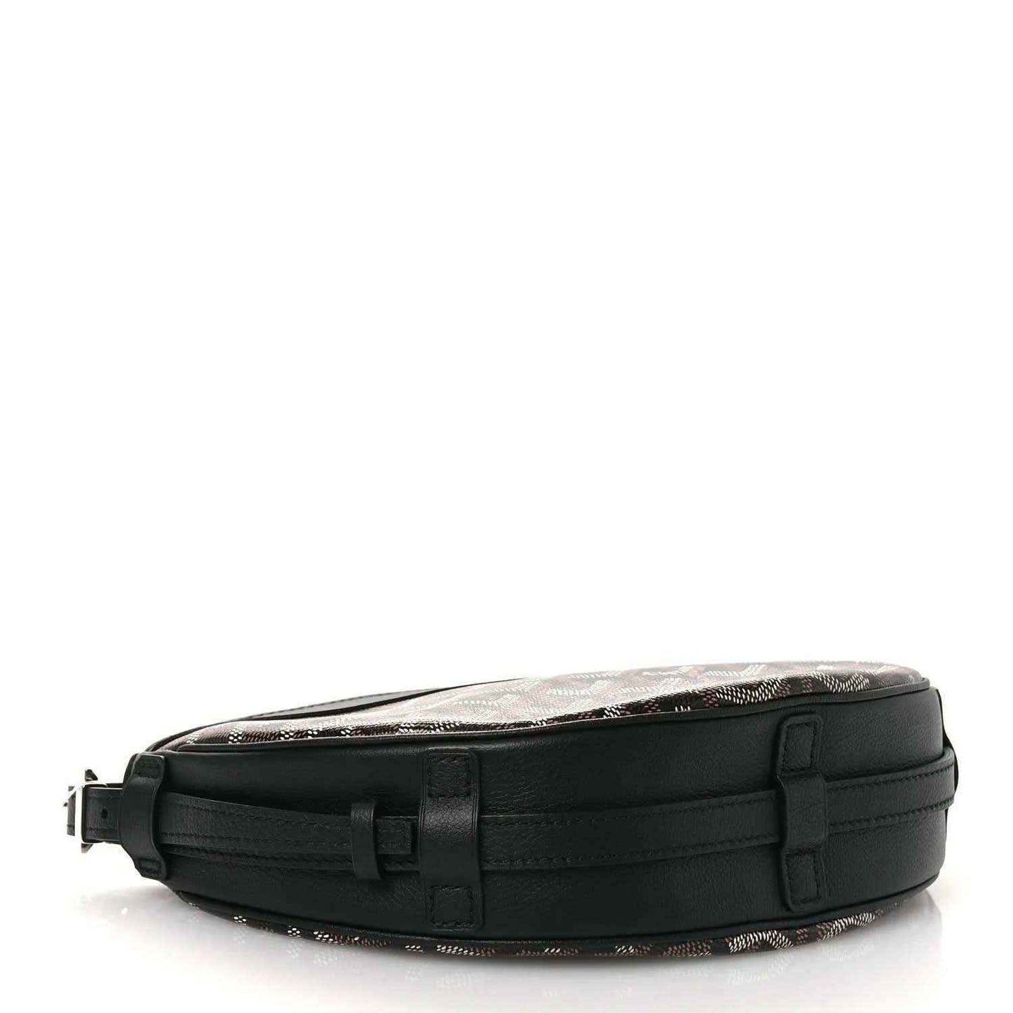 Black crossbody handbag with adjustable strap and front buckle detail