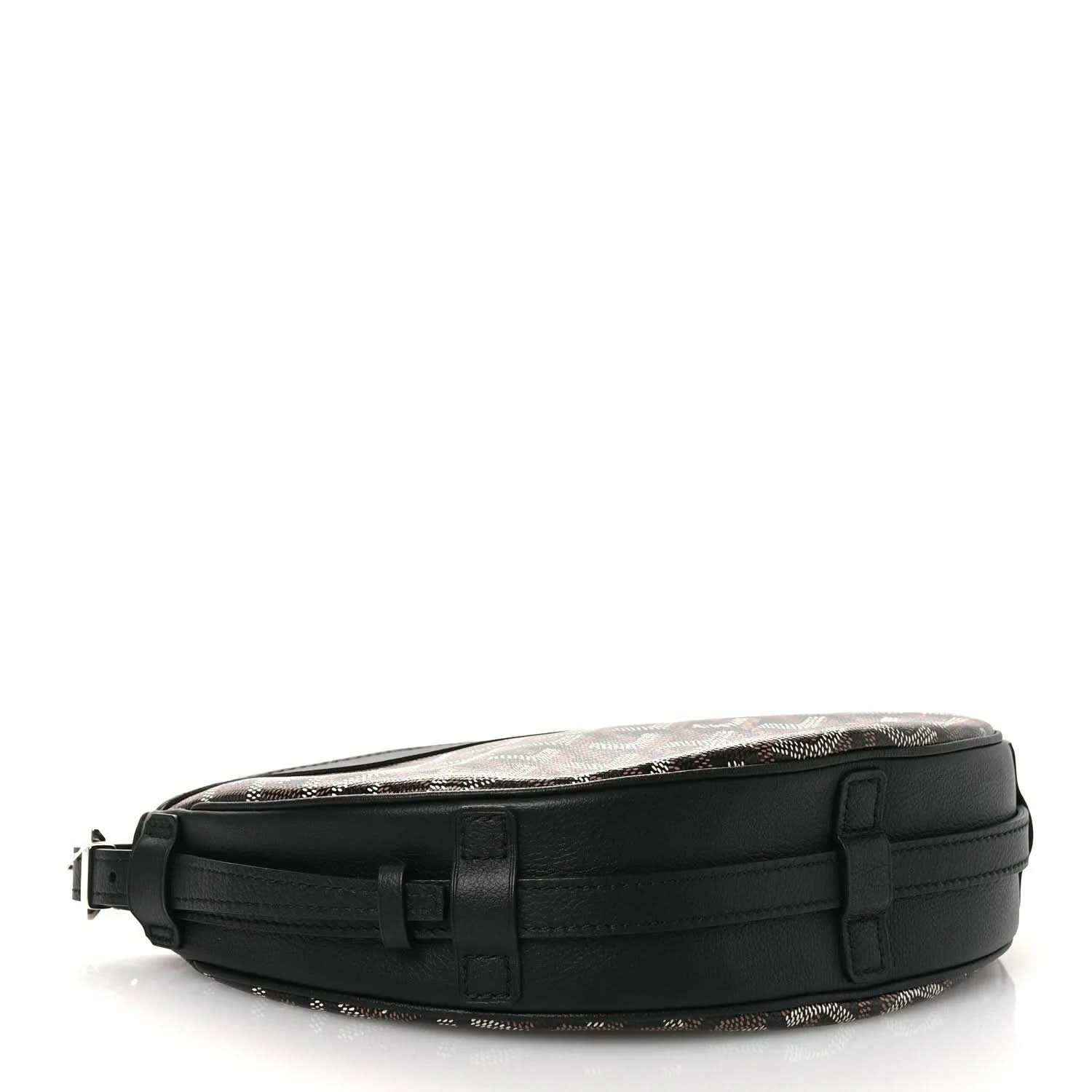 Black crossbody handbag with adjustable strap and front buckle detail