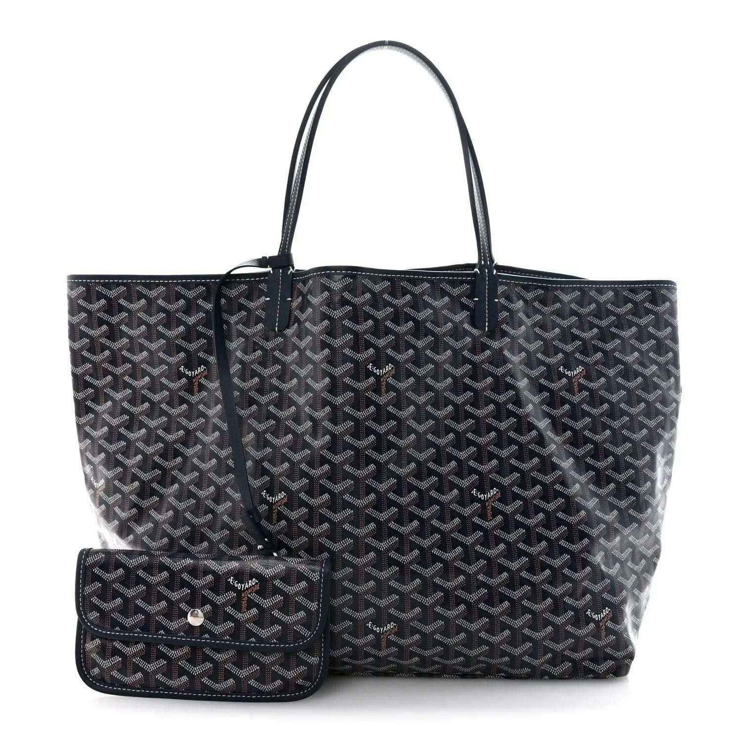 Navy Goyardine tote bag with top handles and matching card holder attached.