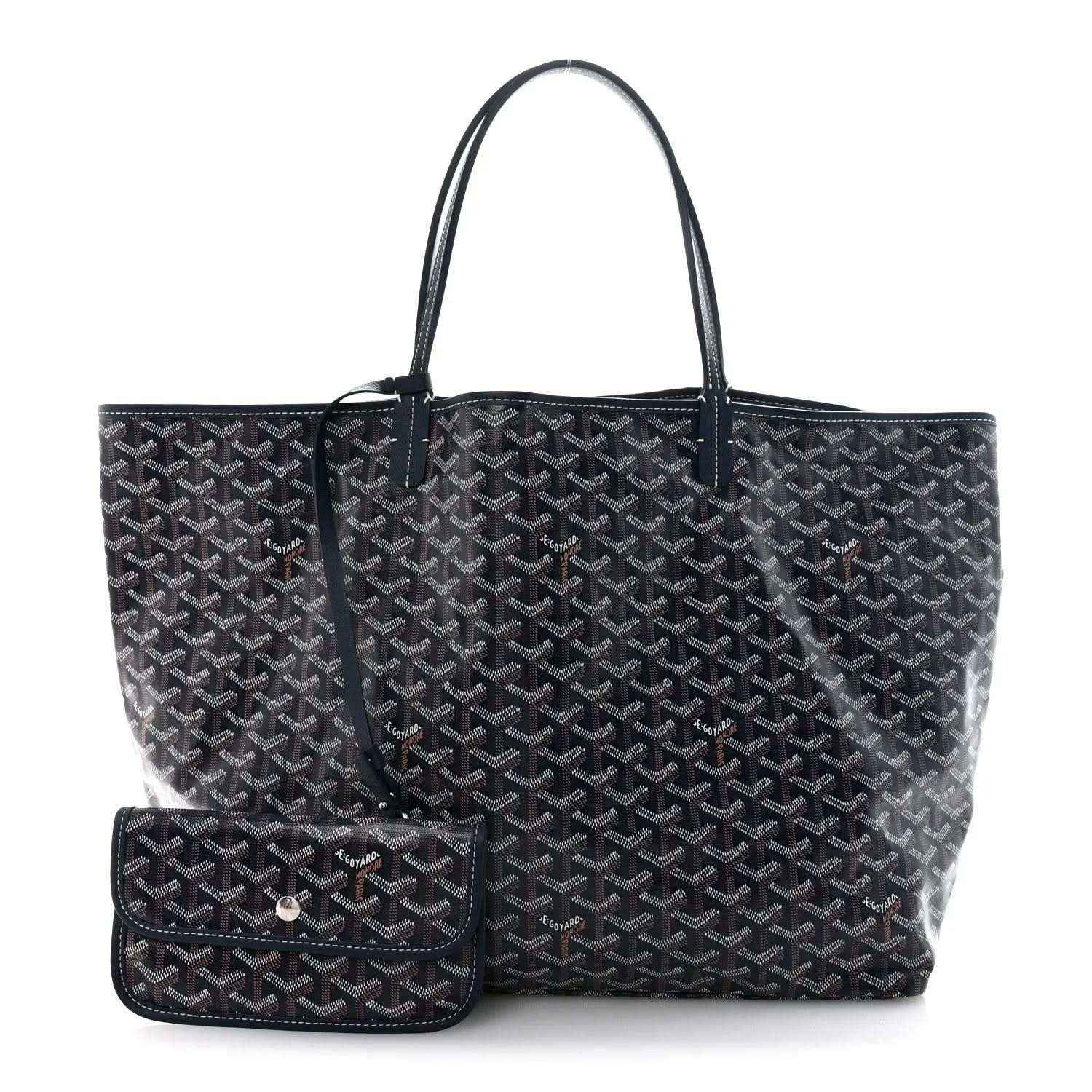 Navy Goyardine tote bag with top handles and matching card holder attached.