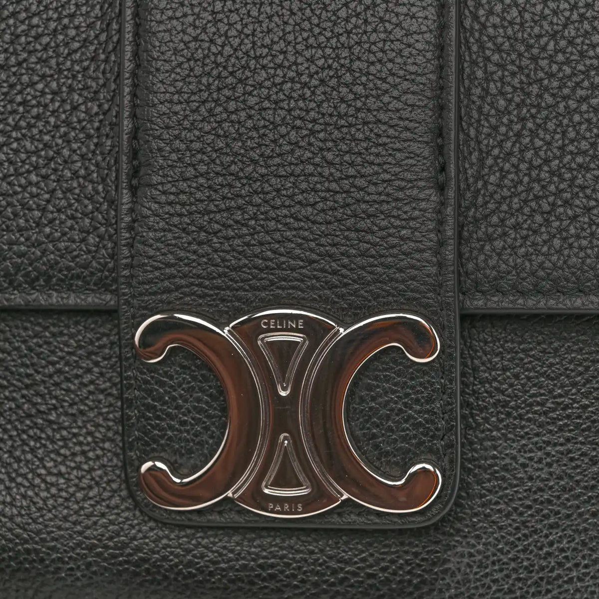 Black calfskin shoulder bag with silver Celine logo plaque at front