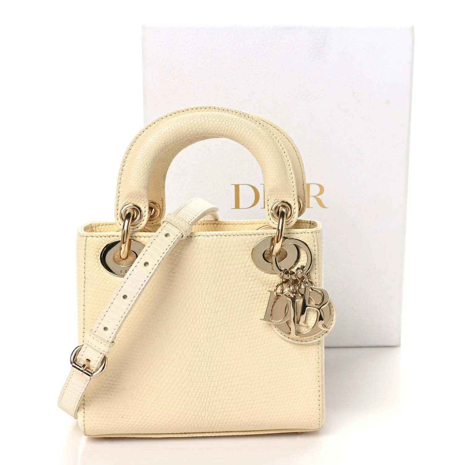 Mini Lady Dior handbag, textured light beige with white strap and gold-tone hardware