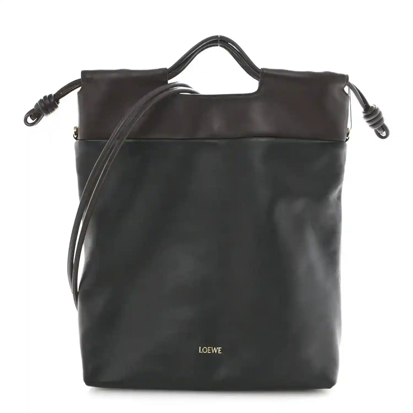 Black leather tote bag with top handles and side drawstring details.