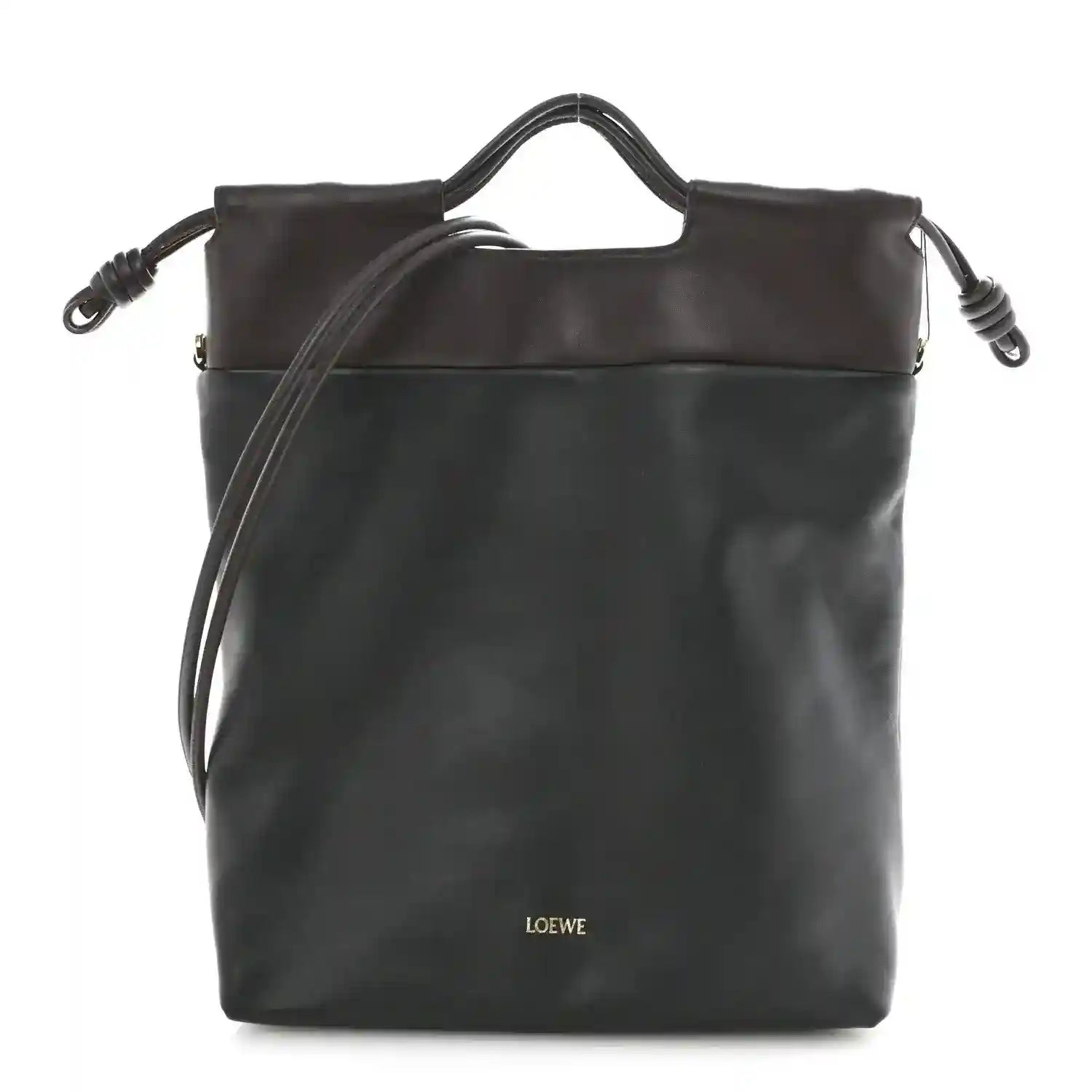 Black leather tote bag with top handles and side drawstring details.