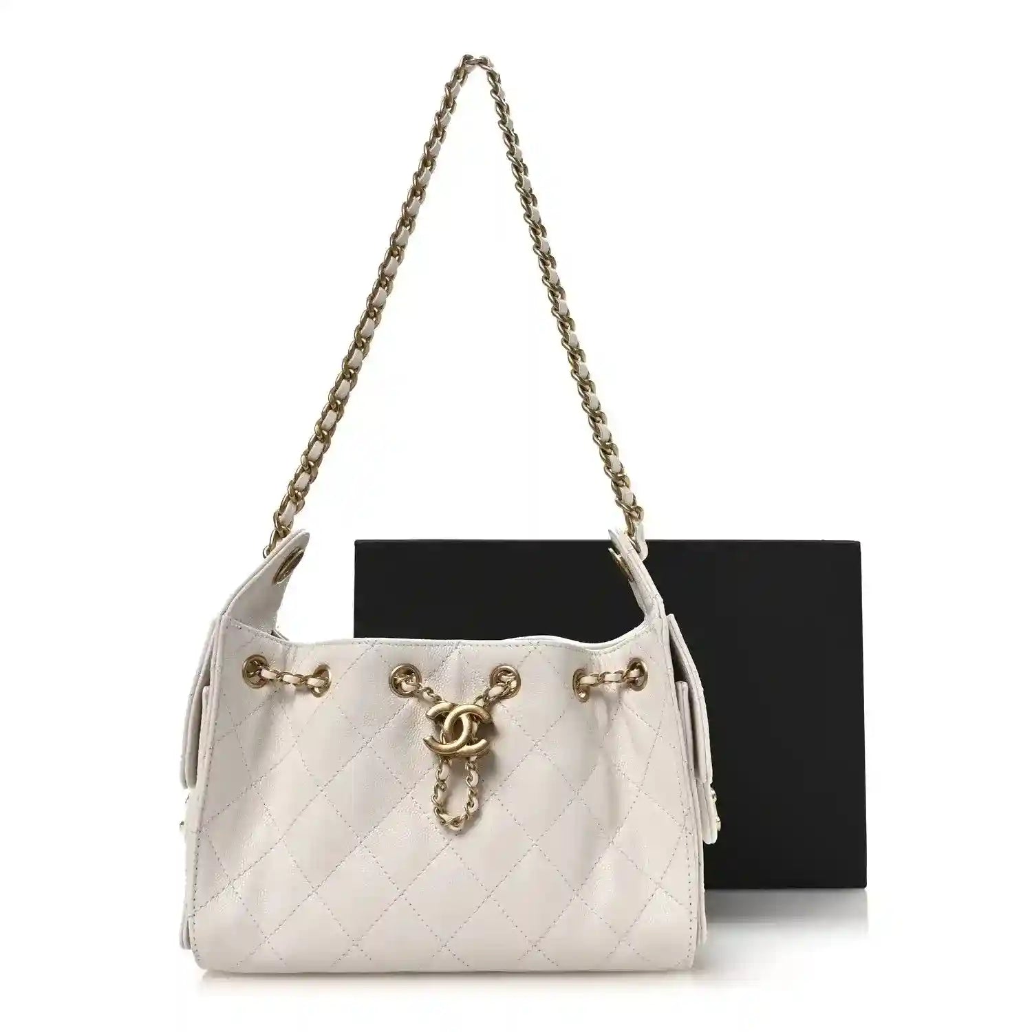 Quilted caviar leather mini handbag in pristine white, gold chain strap and CC clasp