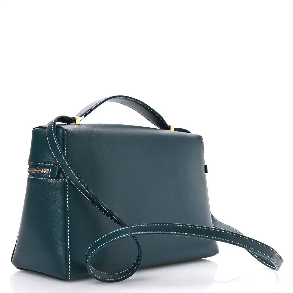 Petrolio teal smooth leather bag with adjustable shoulder strap and front zipper