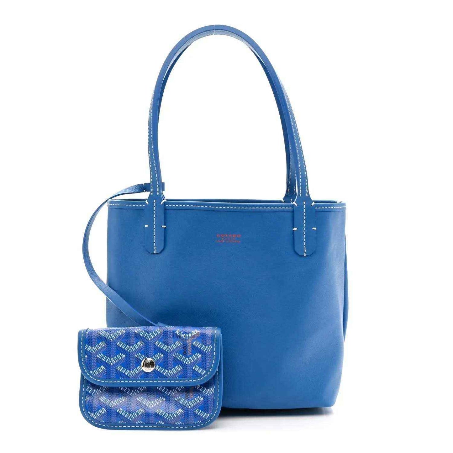 Sky blue mini tote bag with matching pouch featuring a front button snap