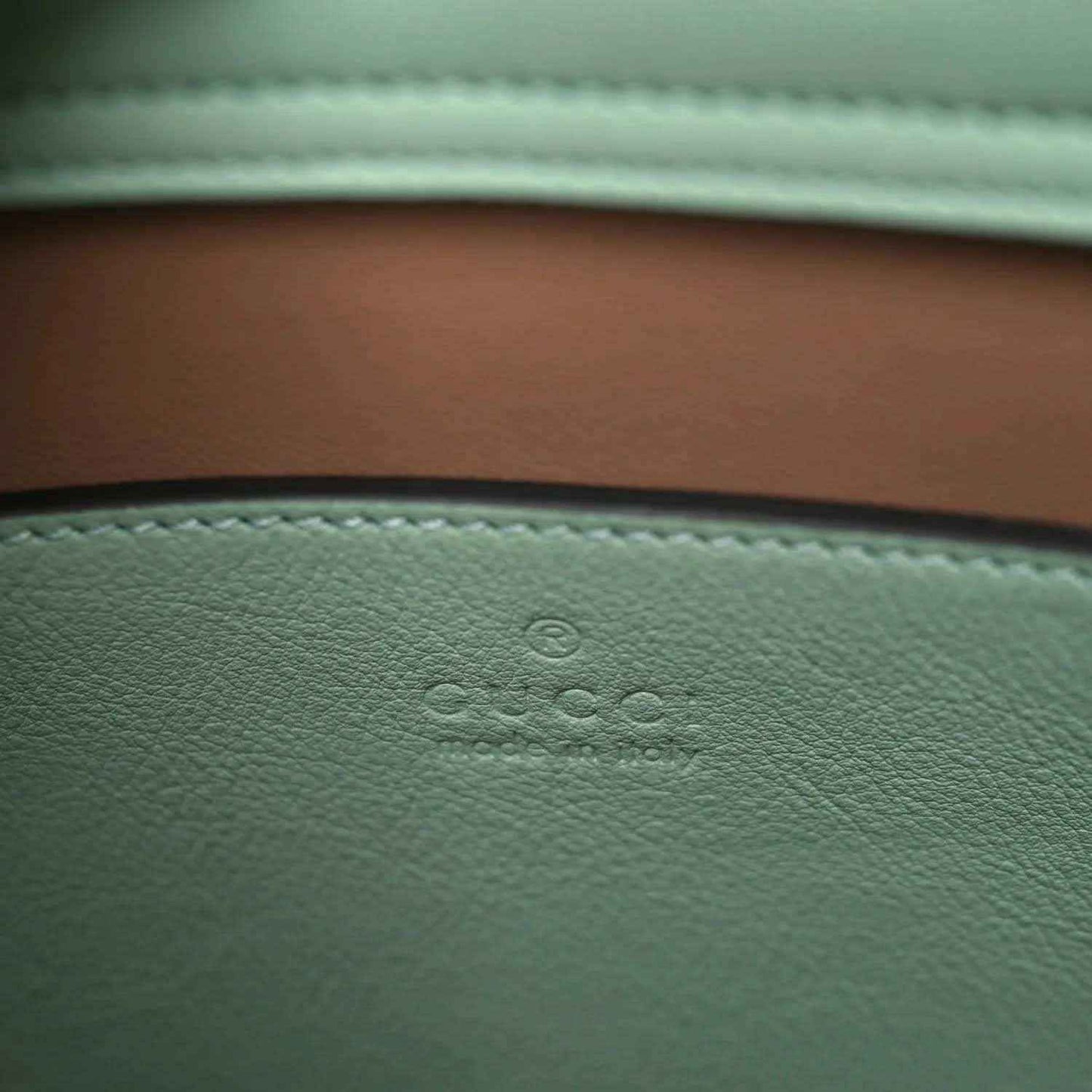 Green leather tote bag lining with embossed logo detail and white stitched trim