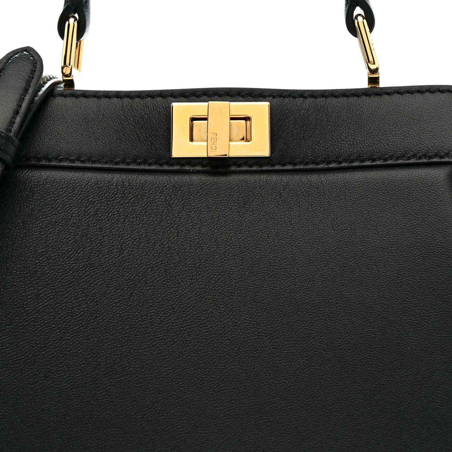 Black leather satchel front with gold-toned plaque clasp