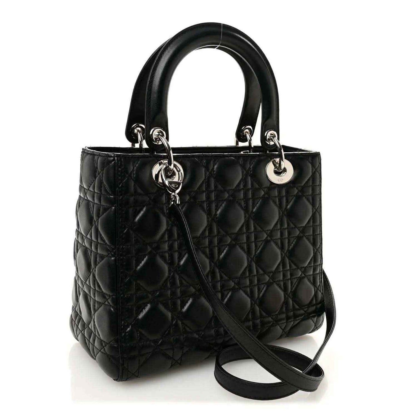 Medium Lady Dior handbag in black quilted leather with top handles and crossbody strap