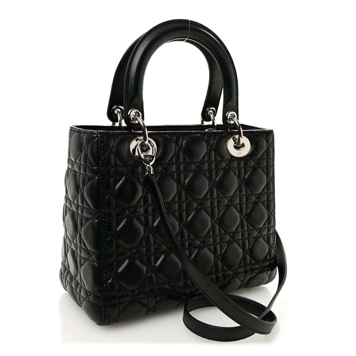 Medium Lady Dior handbag in black quilted leather with top handles and crossbody strap