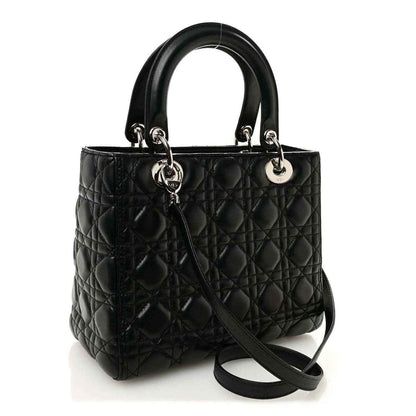 Medium Lady Dior handbag in black quilted leather with top handles and crossbody strap
