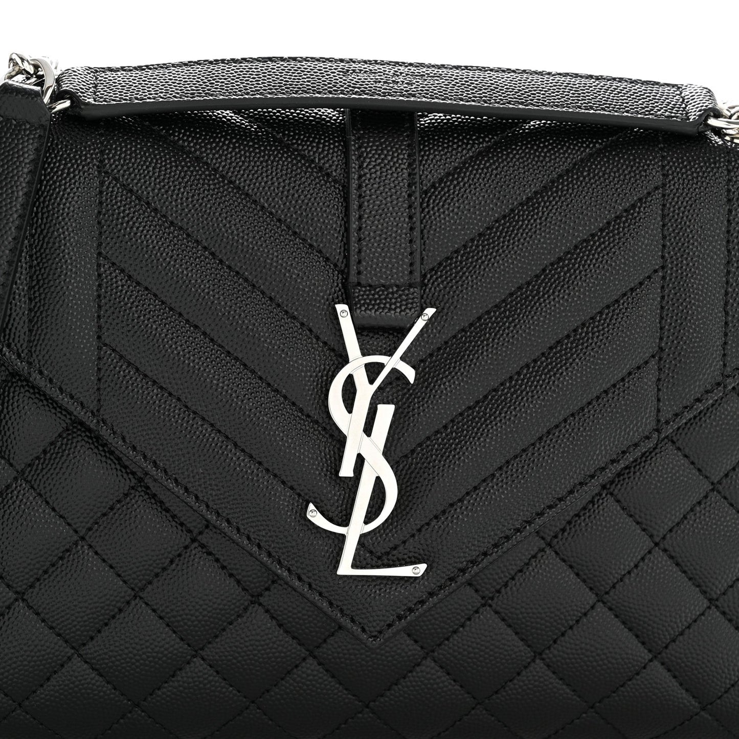 Black quilted satchel front with YSL monogram logo on the flap