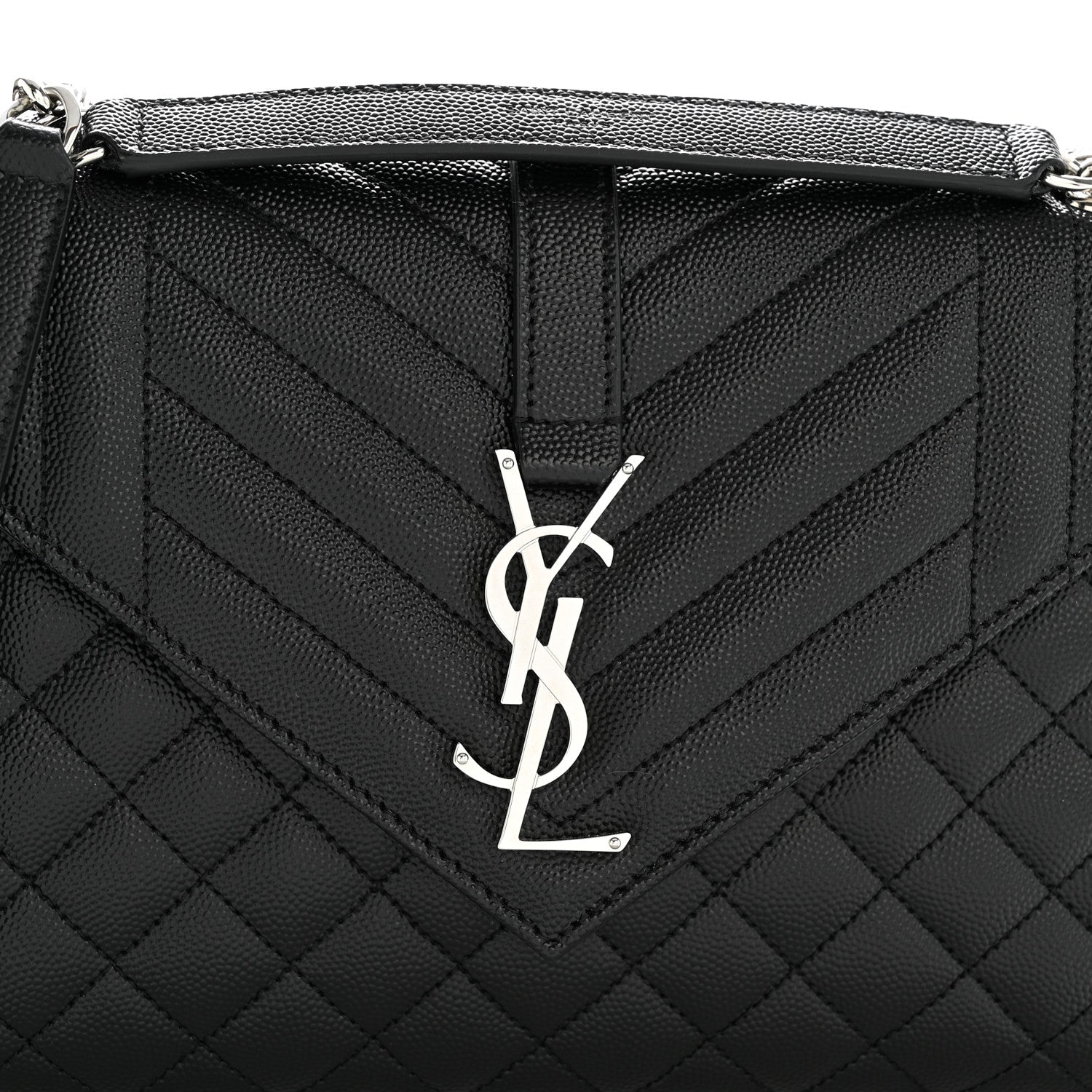 Black quilted satchel front with YSL monogram logo on the flap