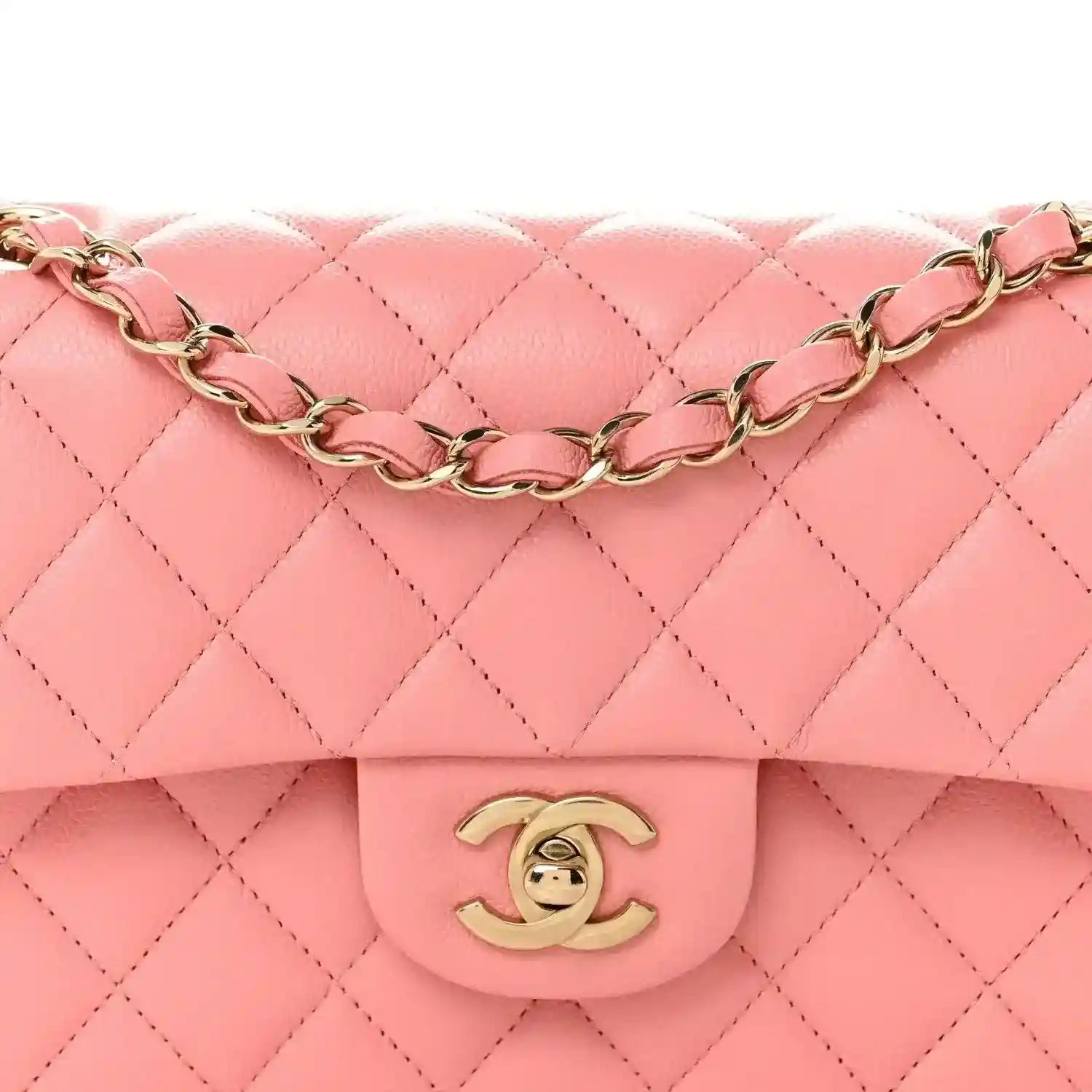 Light pink quilted flap with gold chain and CC logo medallion clasp