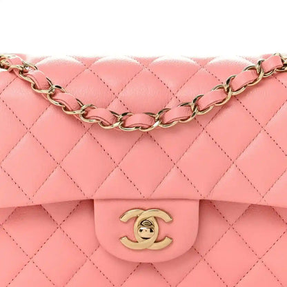 Light pink quilted flap with gold chain and CC logo medallion clasp