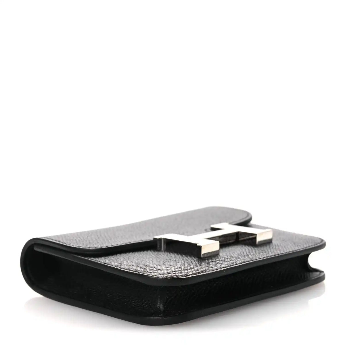 Black slim leather wallet open, showing interior card slots