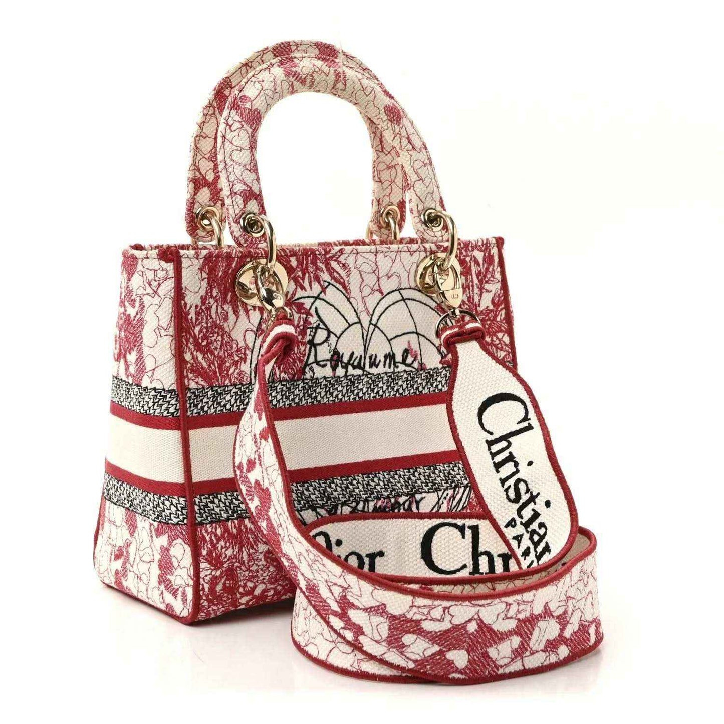 Medium Lady D-Lite handbag with charm, red and white embroidered canvas, side view