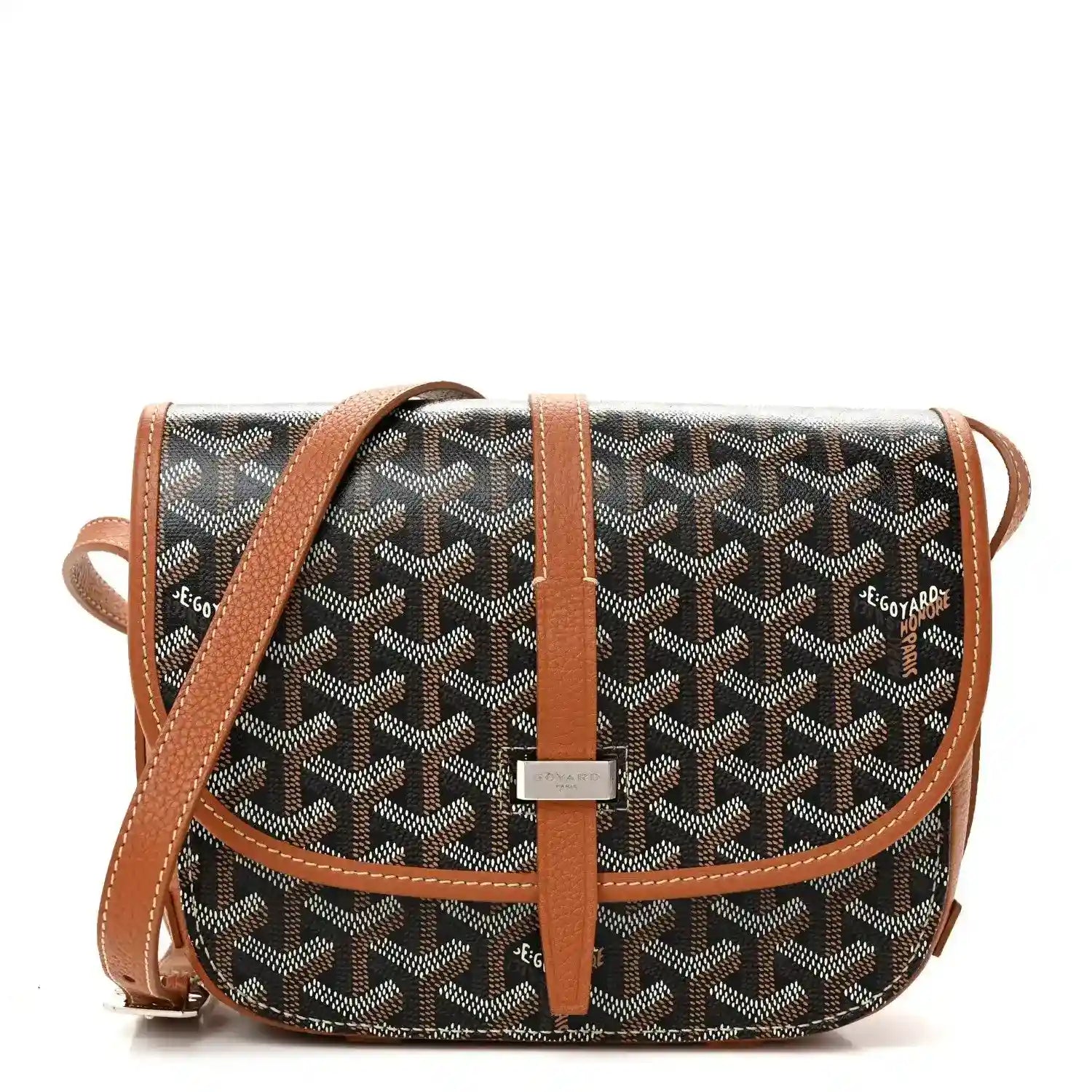 Belvedere II PM messenger bag with Goyardine pattern and brown leather strap